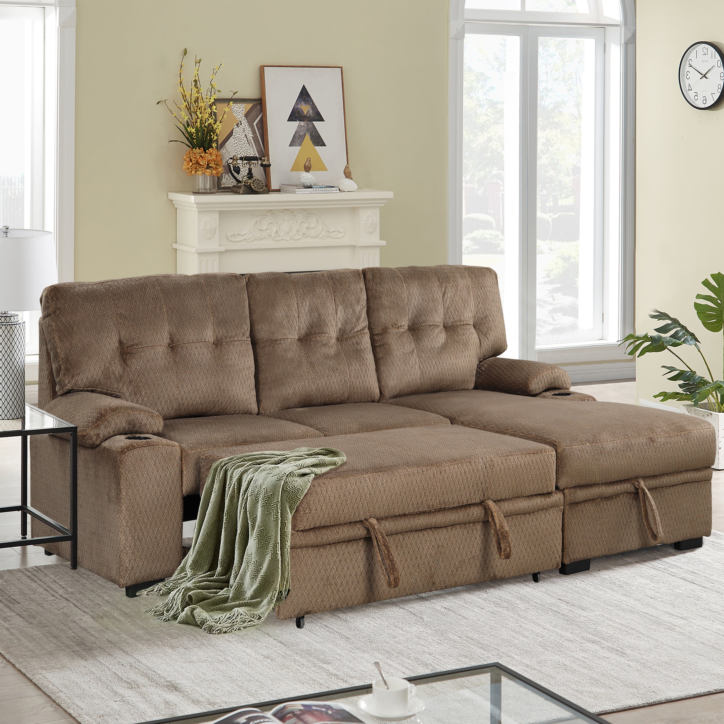 Orisfur. Modern Padded Upholstered Sofa Bed Sleeper Sectional Sofa with Storage Chaise and Cup Holder for Living Room Furniture Set - Atlantic Fine Furniture Inc
