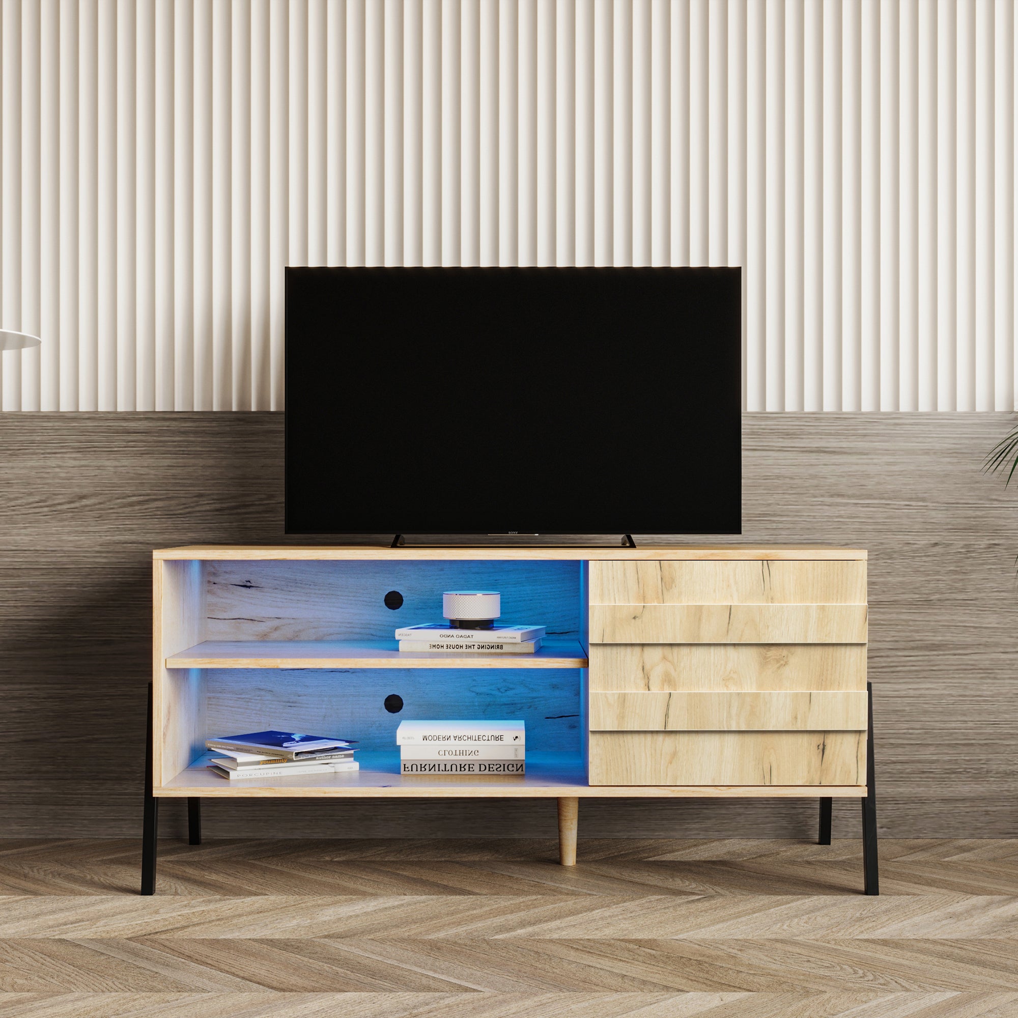 Mid-century modern TV cabinet wooden TV console media cabinet with storage space and brown home entertainment center for living room, bedroom and office,oak - Atlantic Fine Furniture Inc