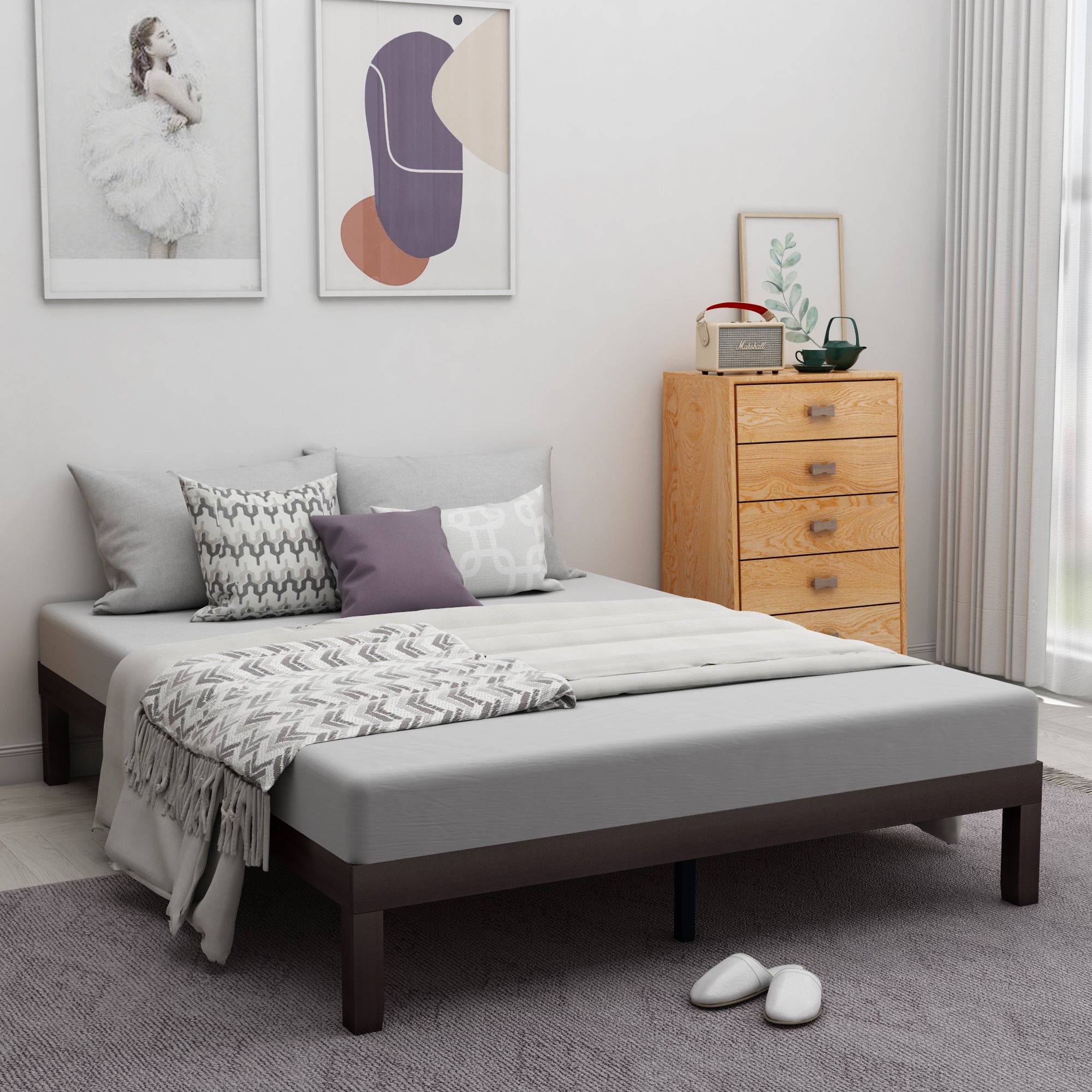Queen Size Wood Platform Bed Frame, No Box Spring Needed, Strong Wood Slat Support, Easy Assembly - Atlantic Fine Furniture Inc