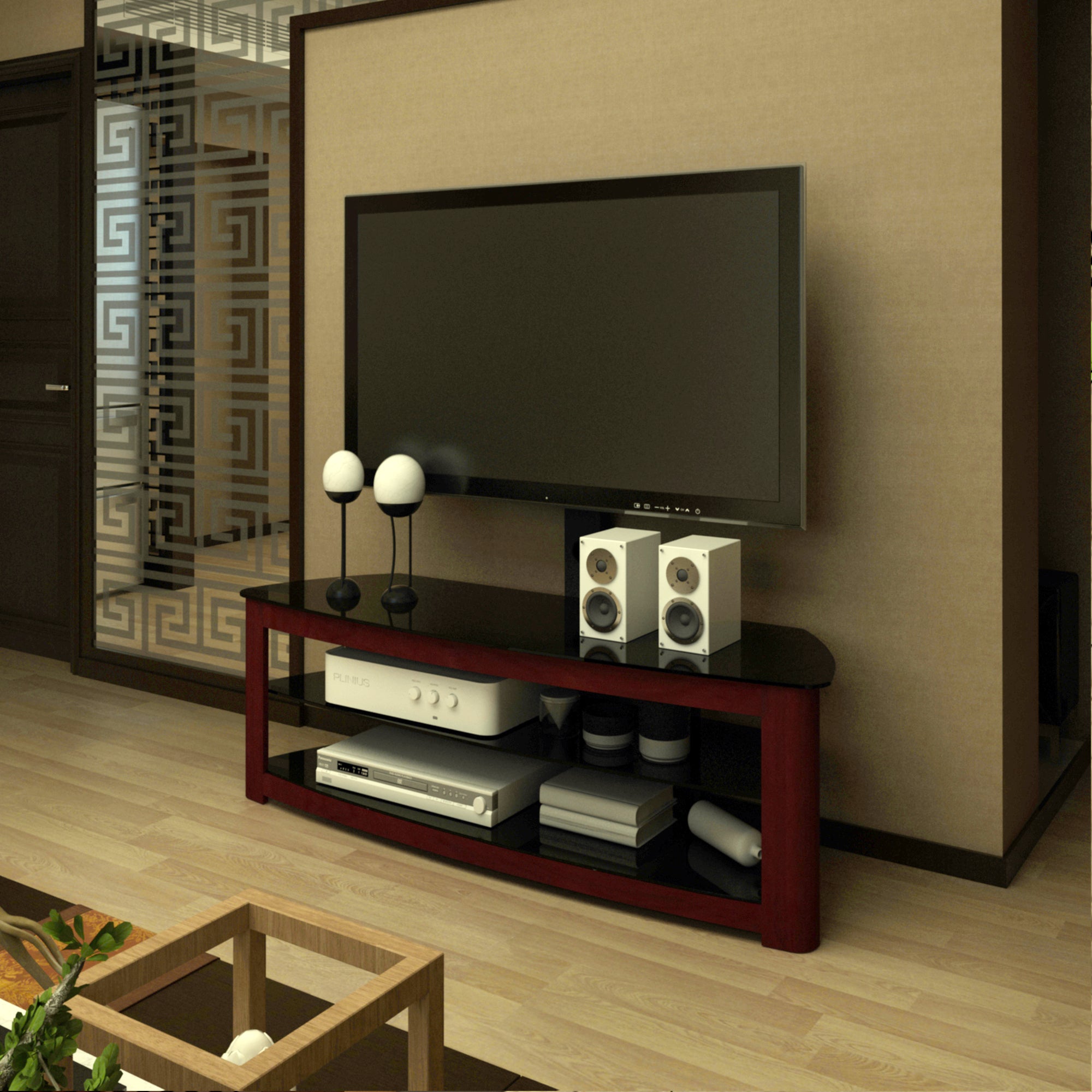 Walnut TV Stand with 2 Tier Storage Space Fits TV Up To 65 in - Atlantic Fine Furniture Inc