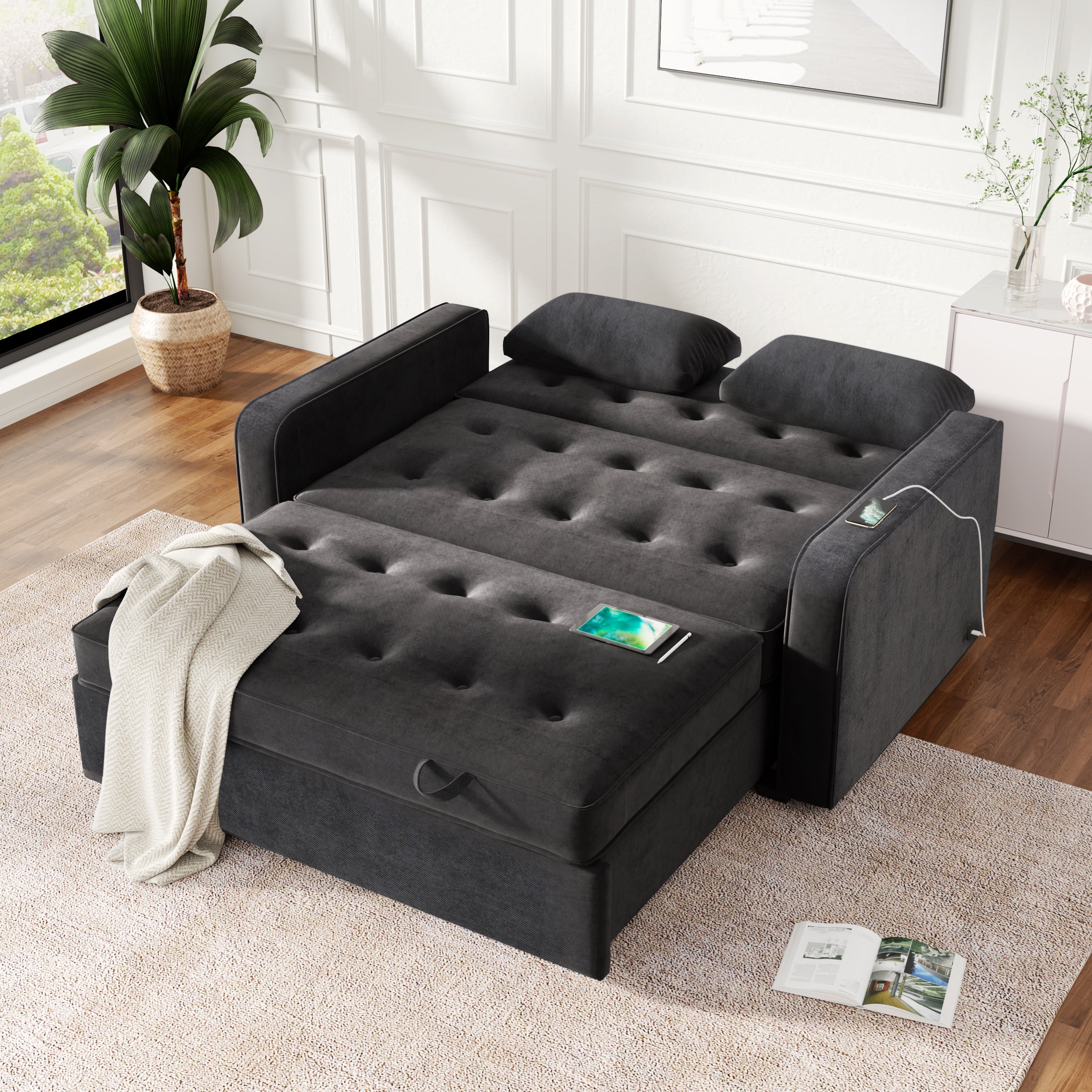 Linen Upholstered Sleeper Bed , Pull Out Sofa Bed Couch attached two throw pillows,Dual USB Charging Port and Adjustable Backrest for Living Room Space,Black - Atlantic Fine Furniture Inc