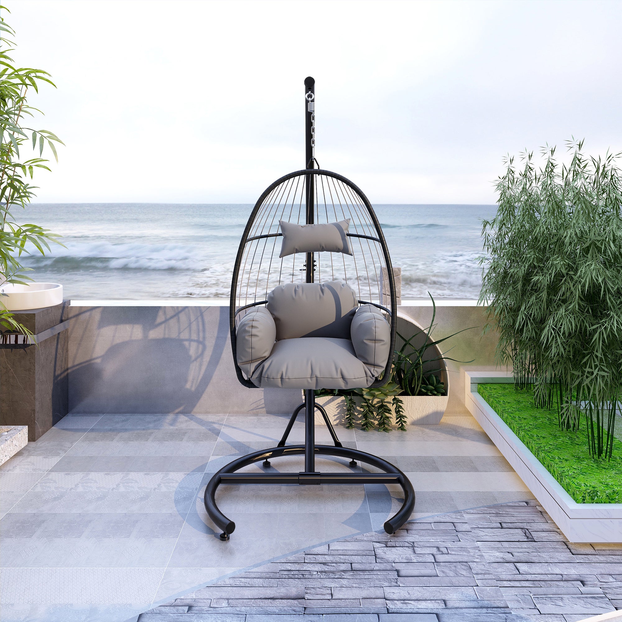 Hanging Swing Chair Outdoor Patio Wicker , PVC Rattan Swing Hammock Egg Chair with C Type Bracket , With Cushion and Pillow for Indoor,Outdoor,Gray - Atlantic Fine Furniture Inc
