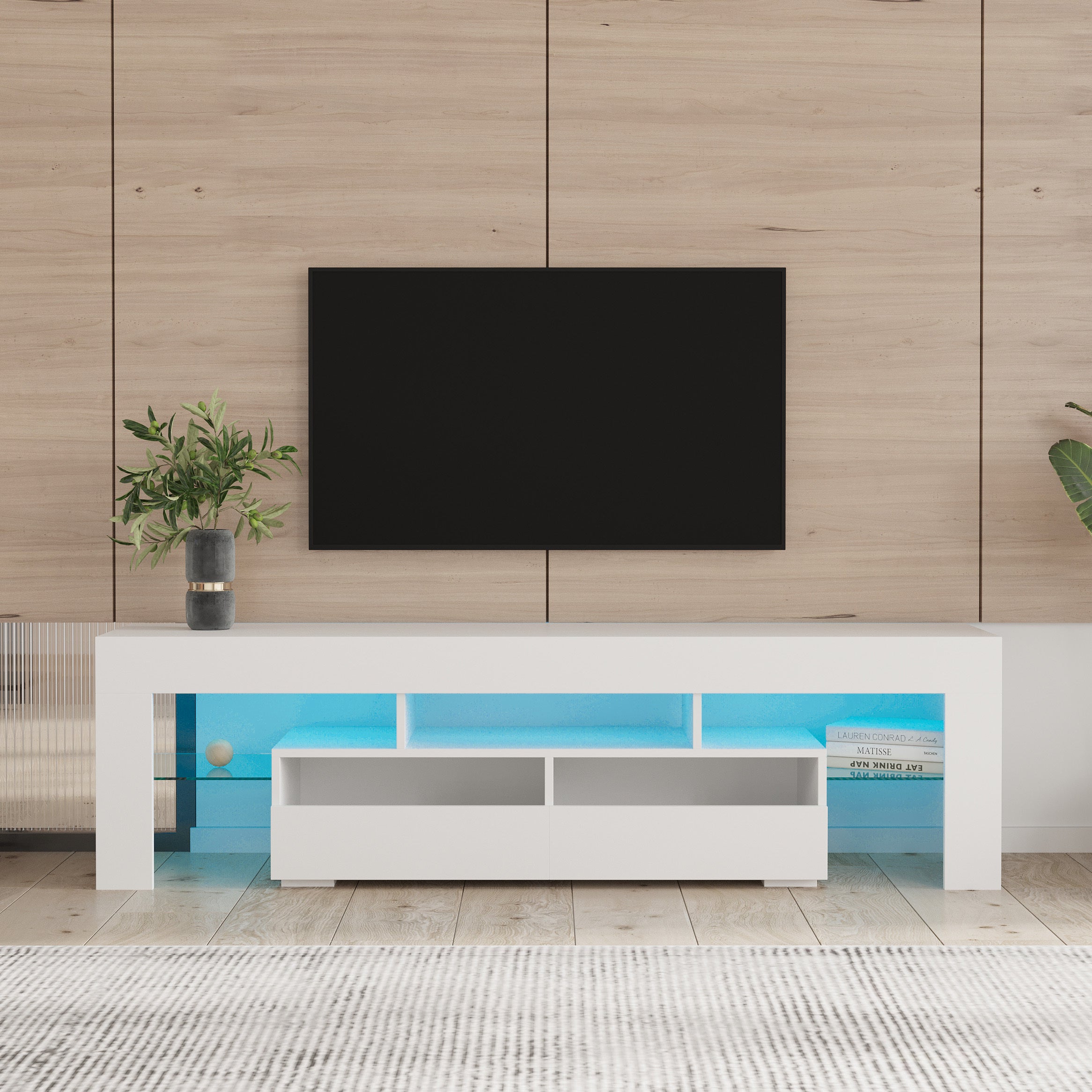 Living Room Furniture TV Stand Cabinet with 2 Drawers & 2 open shelves,20-color RGB LED lights with remote,White - Atlantic Fine Furniture Inc