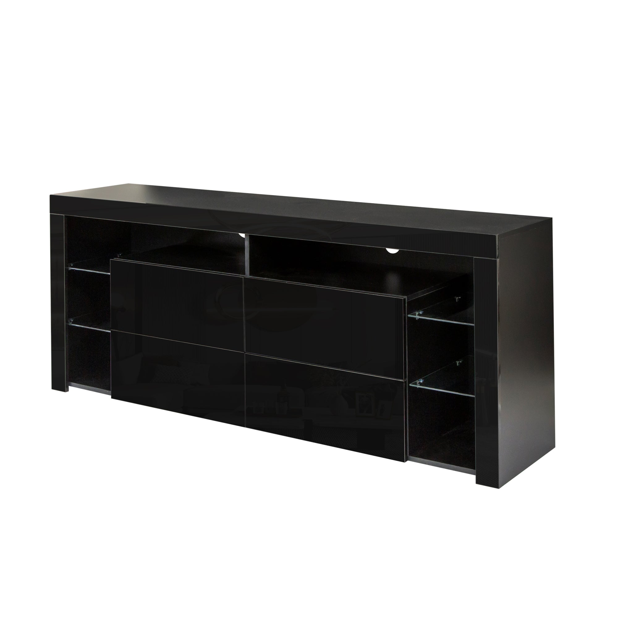 Black Modern contracted LED TV Cabinet with Storage Drawers,4 Storage Cabinet with Open Shelves for Living Room Bedroom - Atlantic Fine Furniture Inc