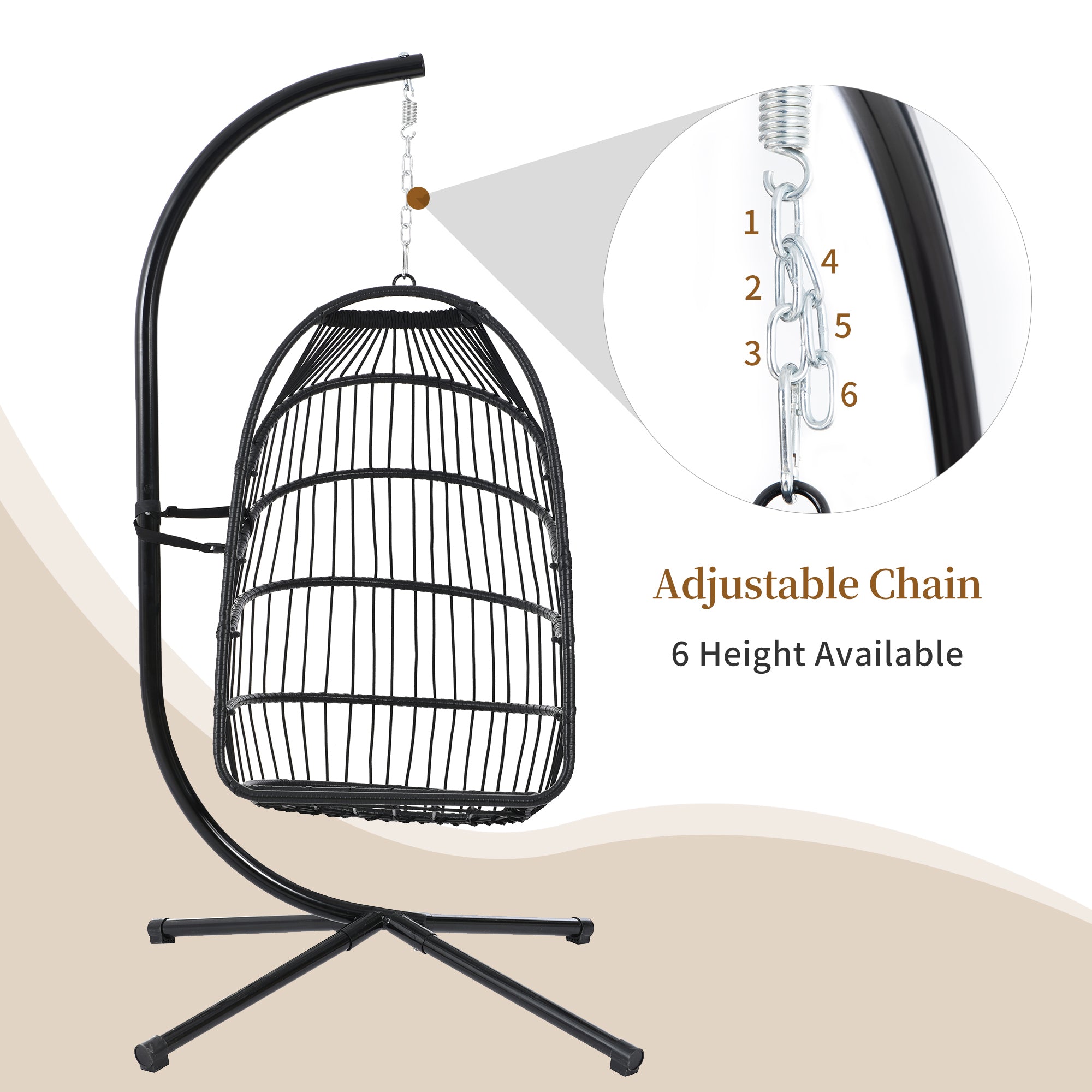 TOPMAX Patio Foldable Swing Chair Porch PE Wicker Egg Hanging Chair Hammock Chair w/Stand and Cushion for Outdoor Balcony Indoor Bedroom, Beige - Atlantic Fine Furniture Inc