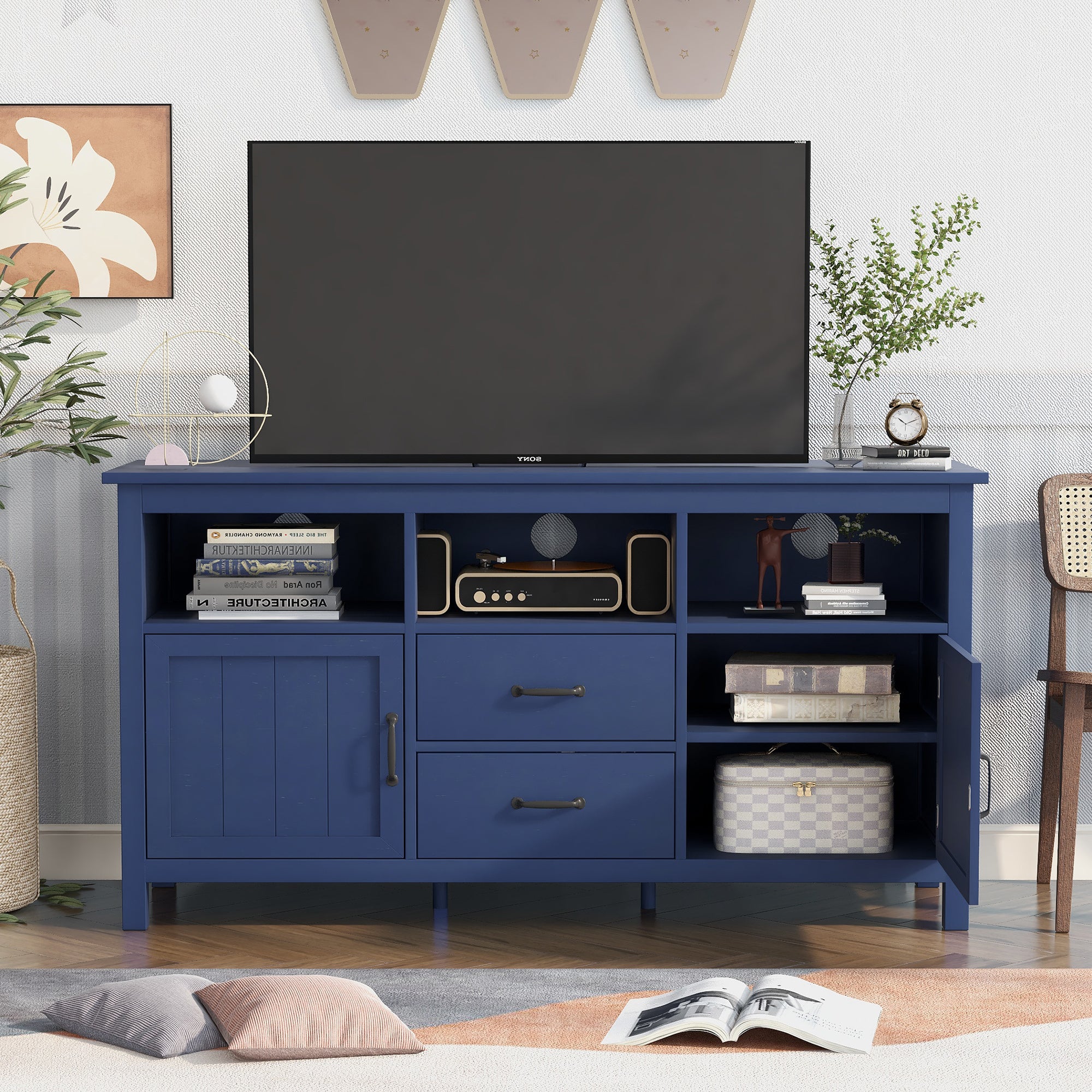 U-Can TV Stand for TV up to 68 in with 2 Doors and 2 Drawers Open Style Cabinet, Sideboard for Living room, Navy - Atlantic Fine Furniture Inc