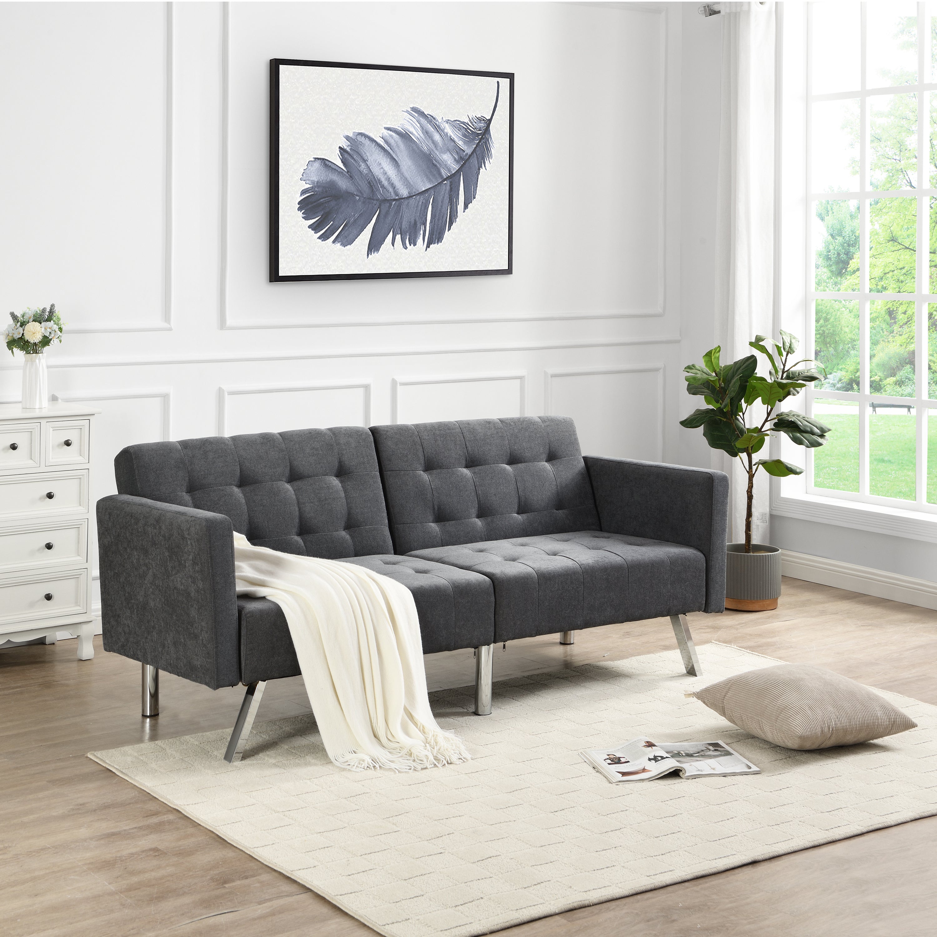Sofa Bed Convertible Folding Dark Grey Lounge Couch Loveseat Sleeper Sofa Armrests Living Room Bedroom Apartment Reading Room - Atlantic Fine Furniture Inc