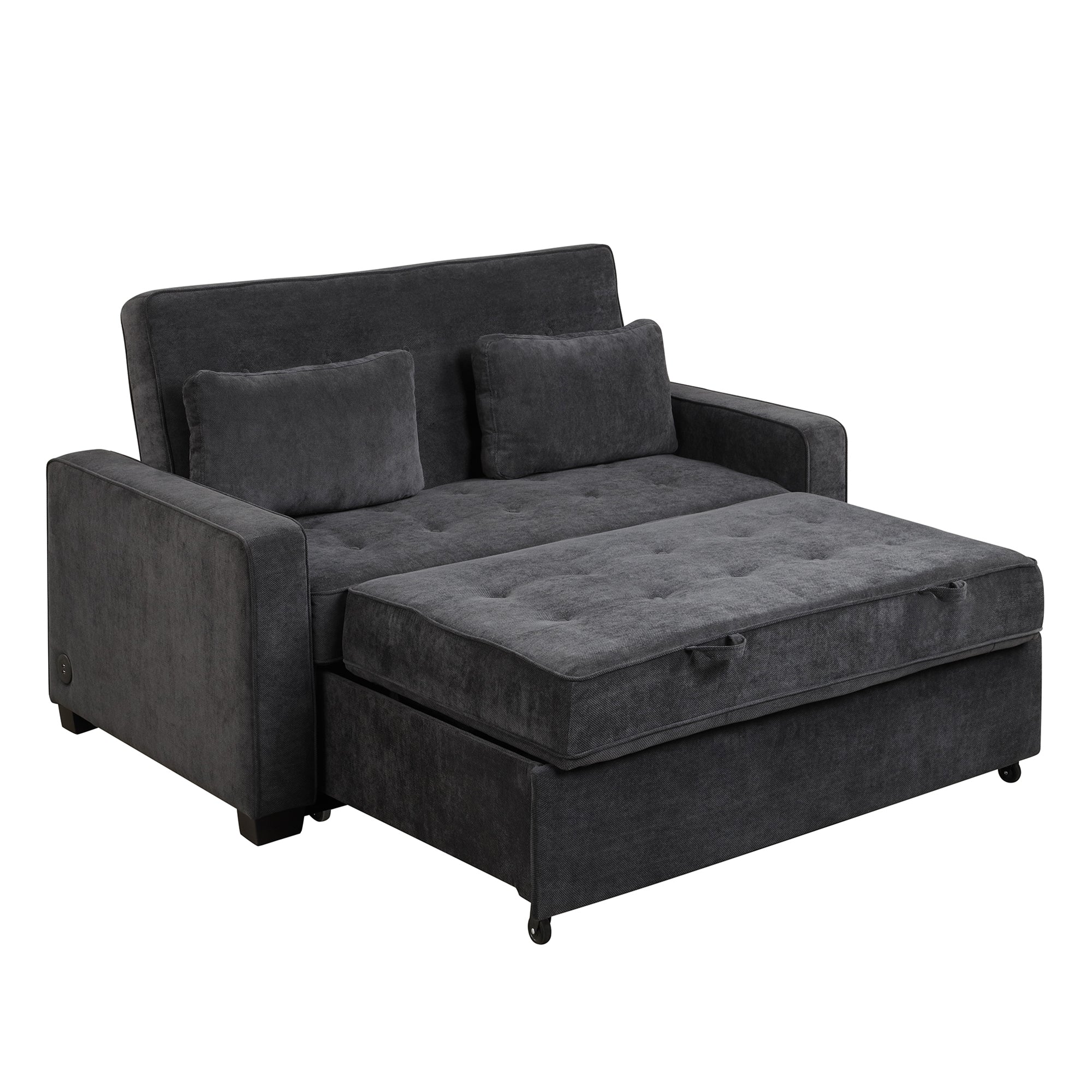 Linen Upholstered Sleeper Bed , Pull Out Sofa Bed Couch attached two throw pillows,Dual USB Charging Port and Adjustable Backrest for Living Room Space,Black - Atlantic Fine Furniture Inc