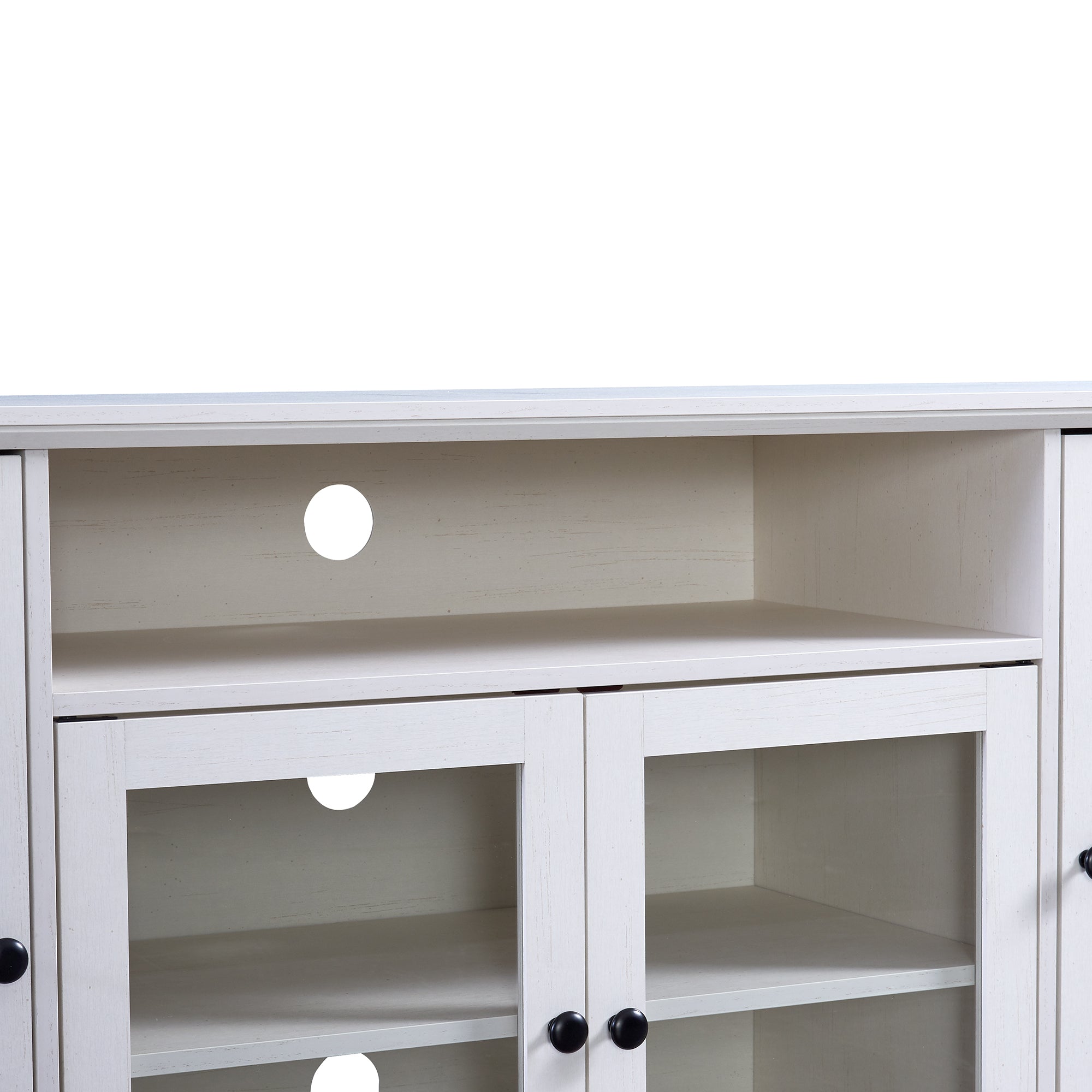 U-Can TV Stand for TV up to 65in with 2 Tempered Glass Doors Adjustable Panels Open Style Cabinet, Sideboard for Living room, White - Atlantic Fine Furniture Inc