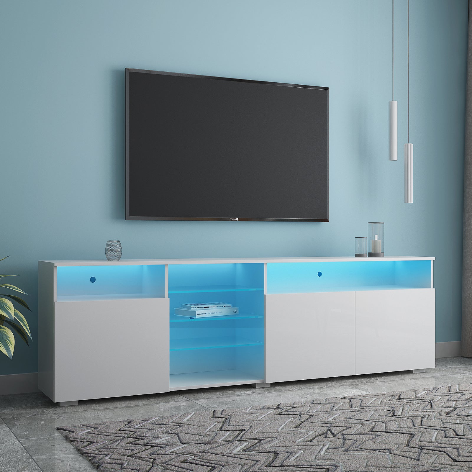 TV Stand High Gloss Doors Modern TV Stand LED (White) - Atlantic Fine Furniture Inc