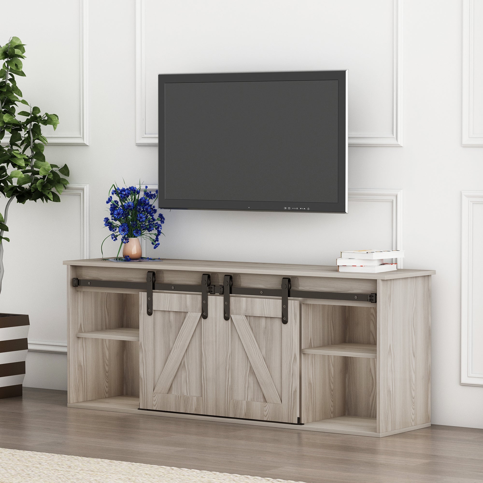 The television cabinet with an electronic fireplace,with Farmhouse Sliding Barn Door ,for TV up to 65 Inch Flat Screen MediaConsoleTable StorageCabinetWood Entertainment CenterSturdycolour:Washed Gray - Atlantic Fine Furniture Inc