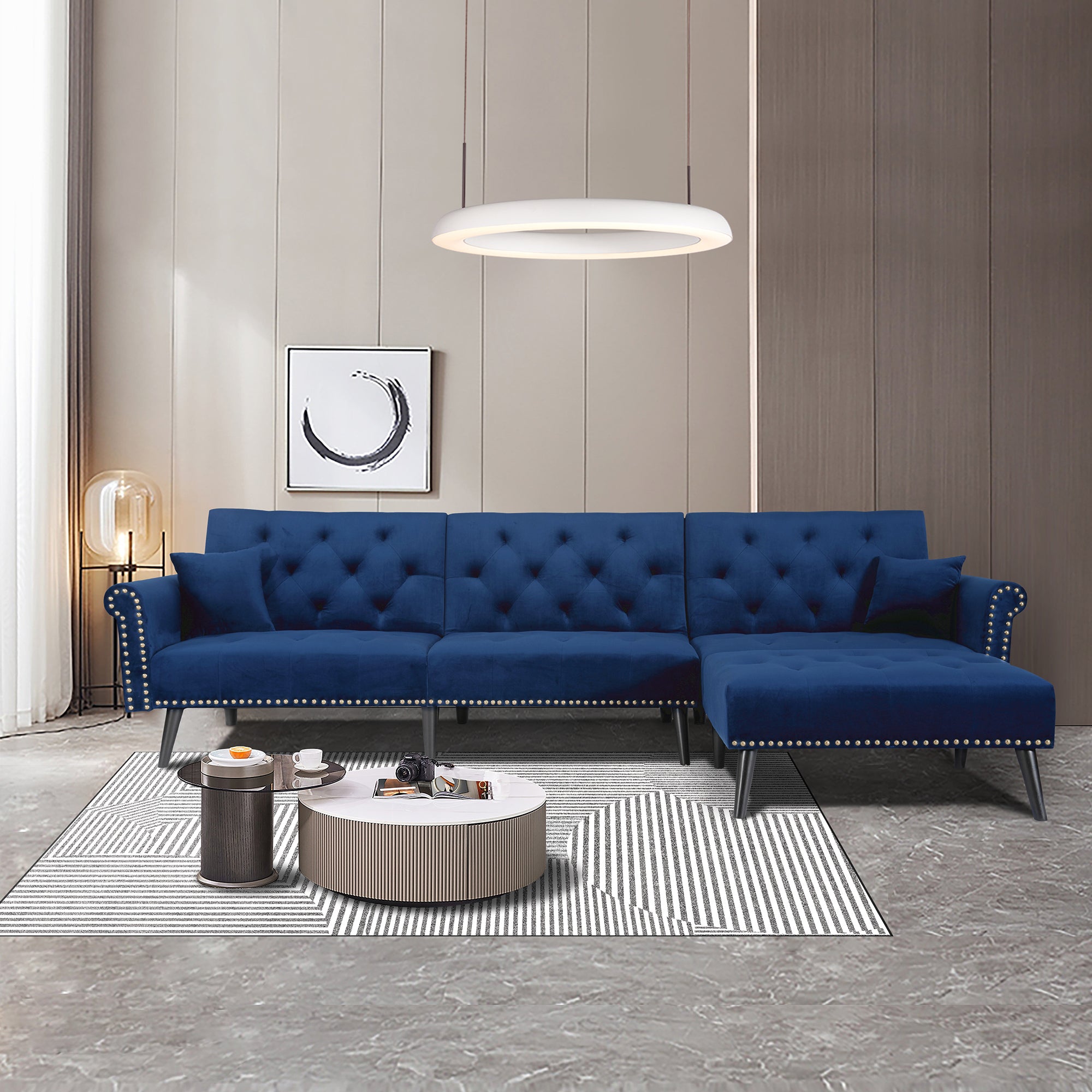 Convertible Sofa bed sleeper Navy blue velvet (same as W223S01591。Size difference, See Details in page.) - Atlantic Fine Furniture Inc
