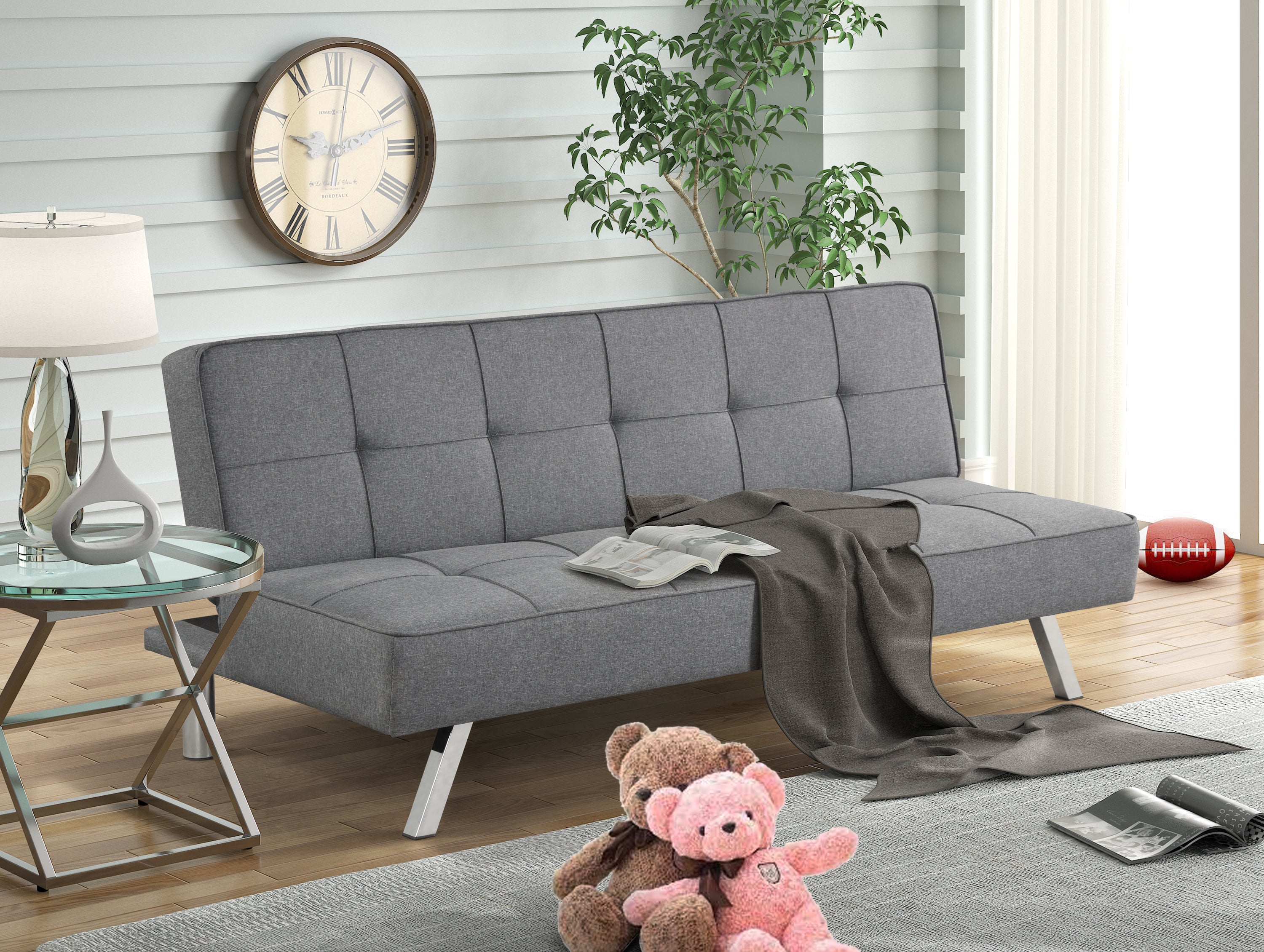Convertible Futon Sofa Bed Linen Small Couch Fabric Folding Sleeper Sofa for Living Room Furniture Set with Chrome Legs Gray - Atlantic Fine Furniture Inc