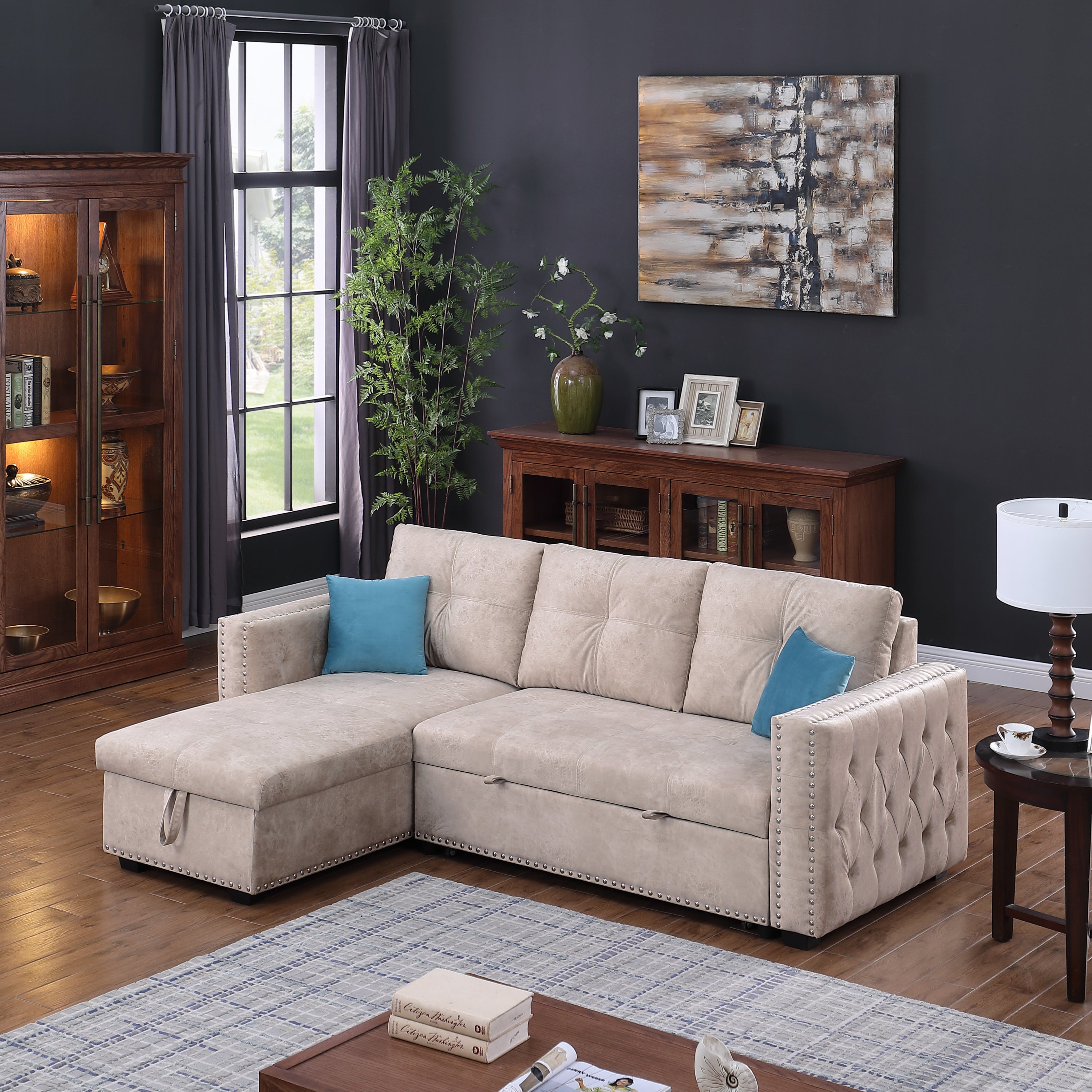 Reversible Sleeper Sectional Storage Sofa Bed,Corner Sofa-Bed With Storage,3 Seat Both Left Handed And Right Handed, Nailheaded - Atlantic Fine Furniture Inc