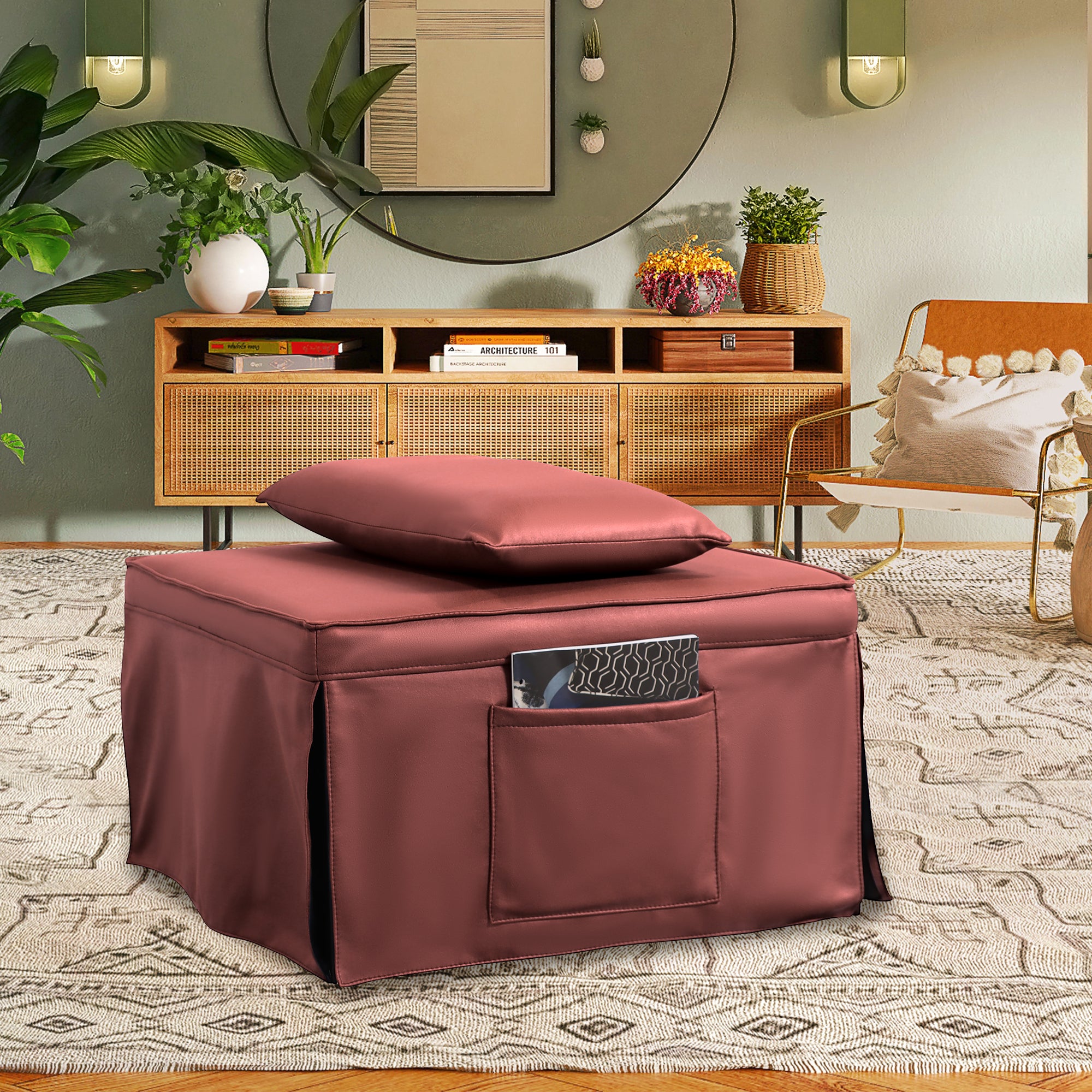 Sofa Bed 4 in 1 Ottoman Sleeper Bed Convertible Chair Bed with Adjustable Back Breathable Sleeper Guest Bed for Small Room, Orange Red - Atlantic Fine Furniture Inc