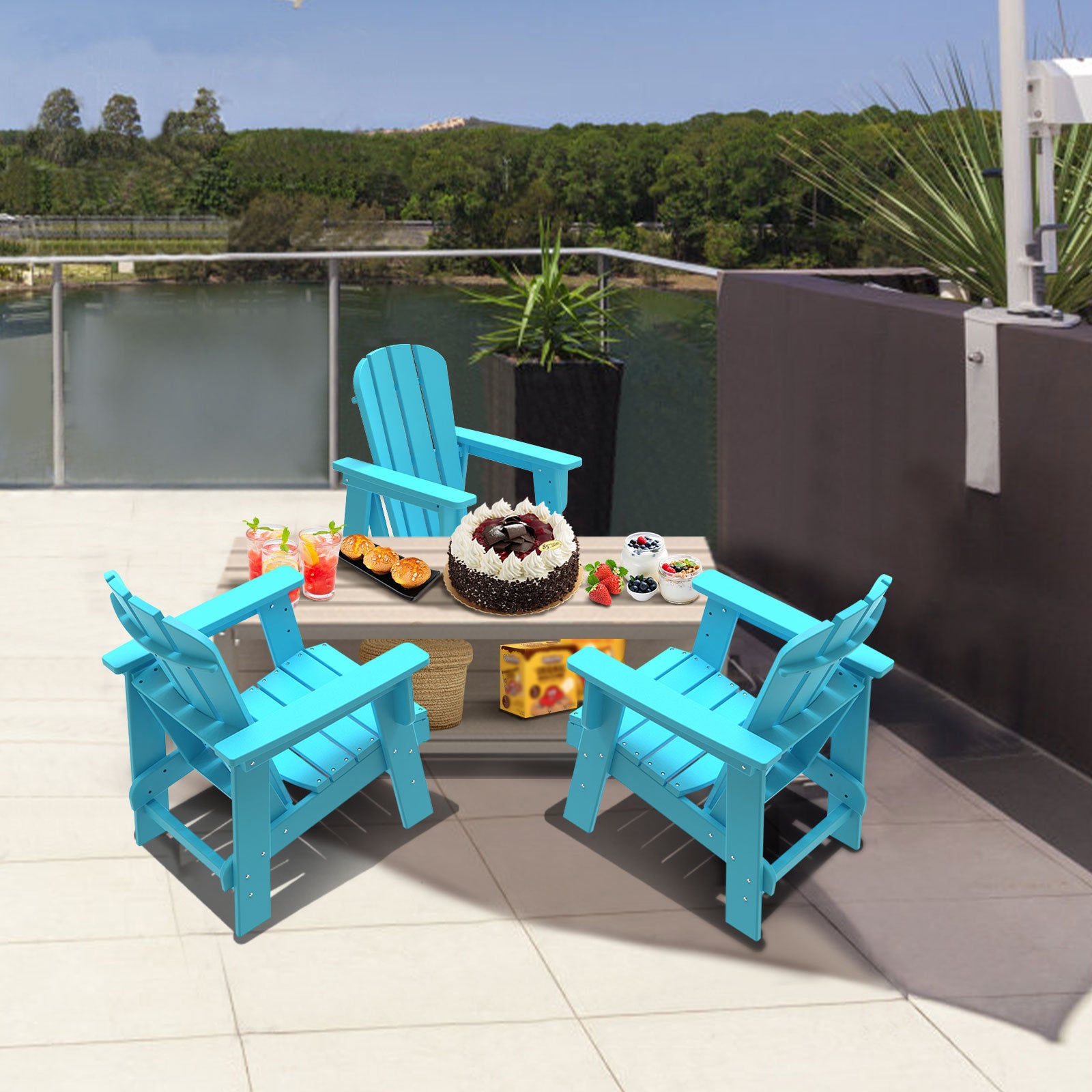 Combo for Family: 2 Plastic Adirondack Chairs & an Outdoor Side Table. Outdoor Adirondack Chair Patio Lounge Chairs Classic Design (Blue) - Atlantic Fine Furniture Inc