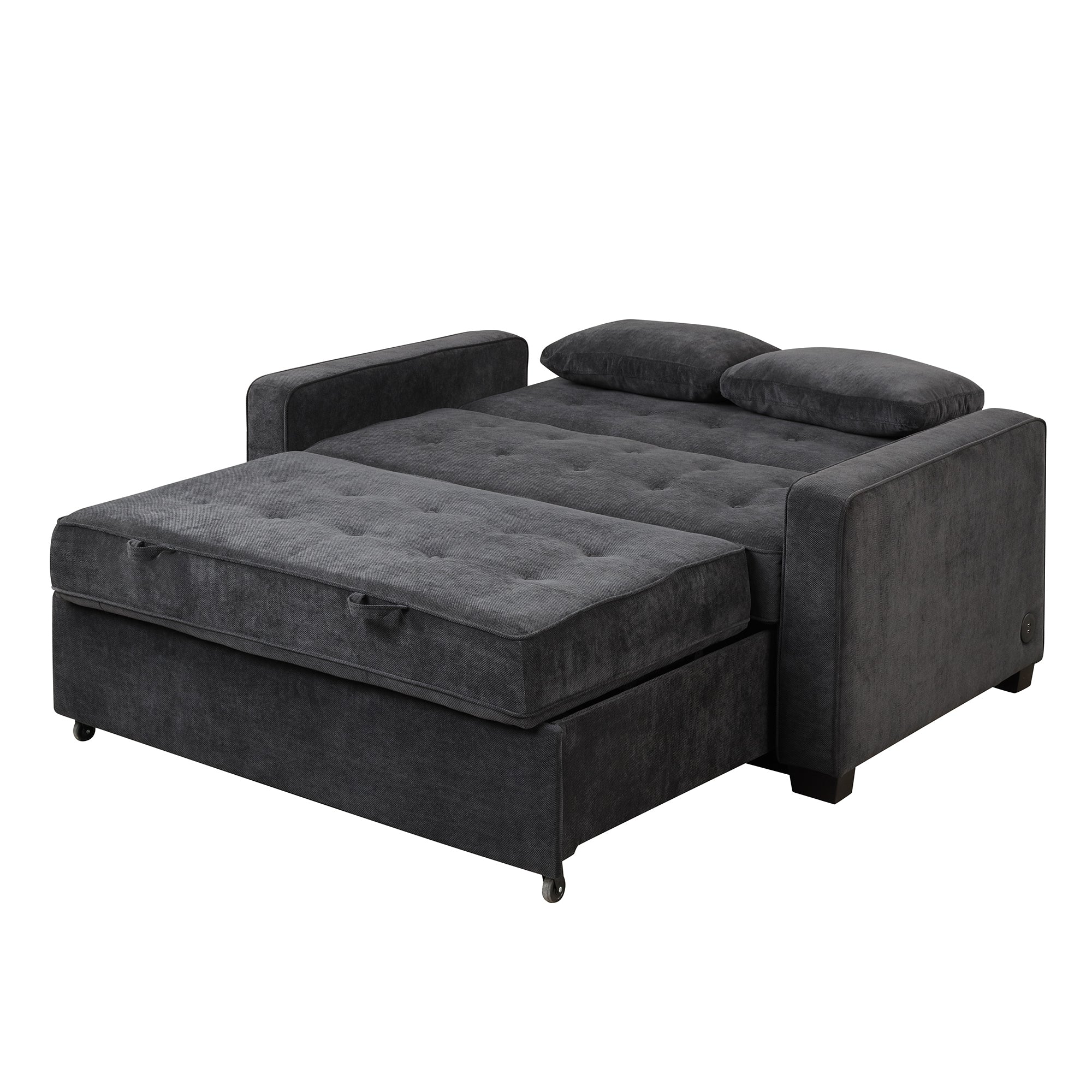 Linen Upholstered Sleeper Bed , Pull Out Sofa Bed Couch attached two throw pillows,Dual USB Charging Port and Adjustable Backrest for Living Room Space,Black - Atlantic Fine Furniture Inc