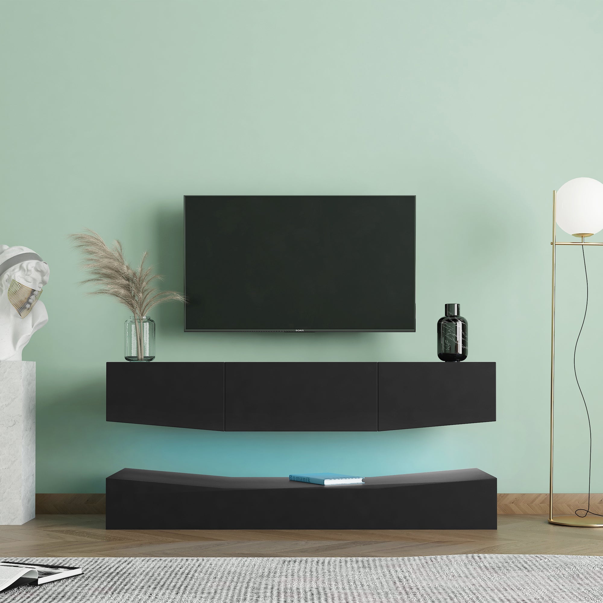 LED TV Stand for 55 inch TV, Modern Entertainment Center with LED Lights, TV & Media Furniture Console for Under TV Living Game Room Bedroom,Black - Atlantic Fine Furniture Inc