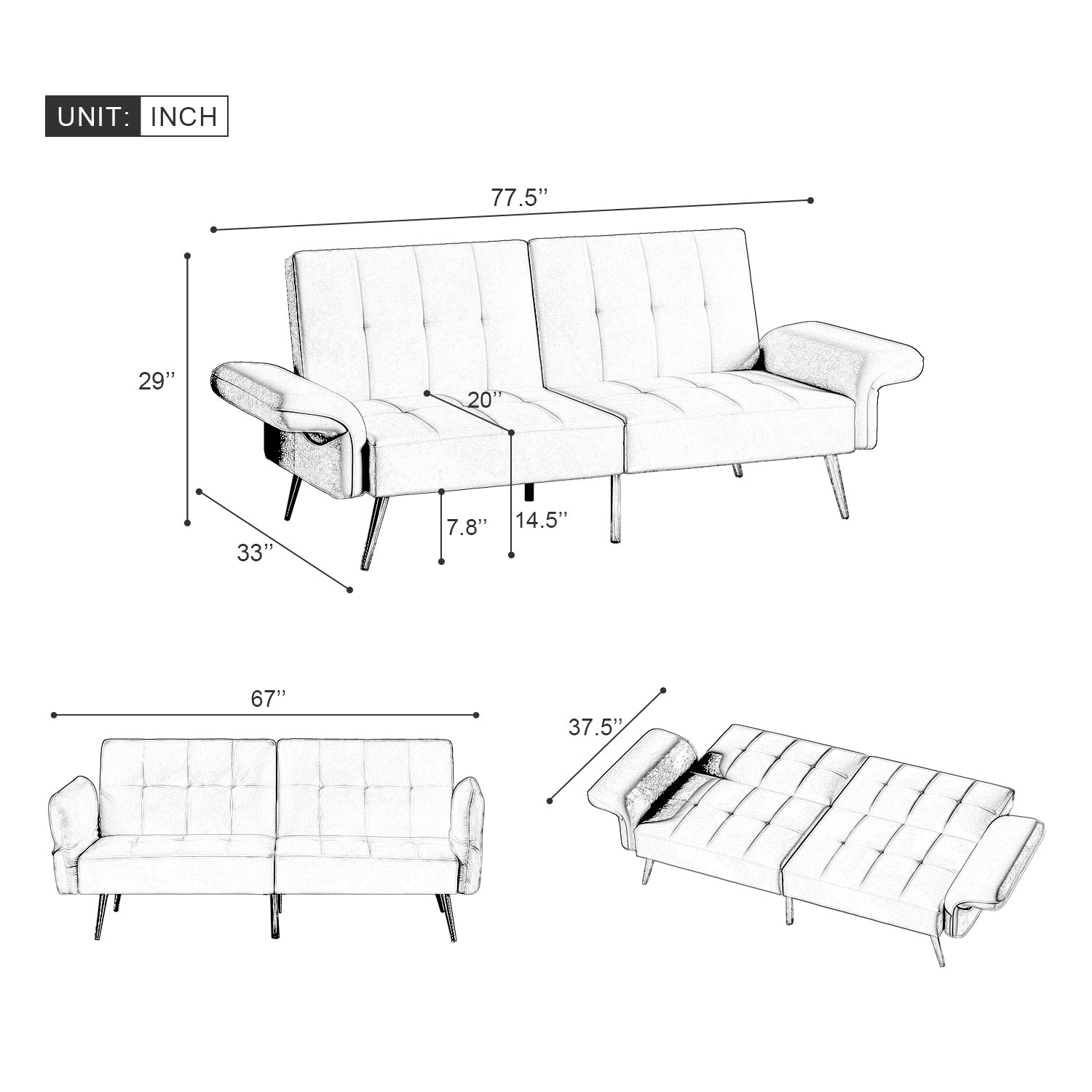 Winforce factory directly supply 280g Italian velvet folding sofa bed, foldable armrests with magazine bags futon, 78inch sleeper sofa, beige velvet - Atlantic Fine Furniture Inc