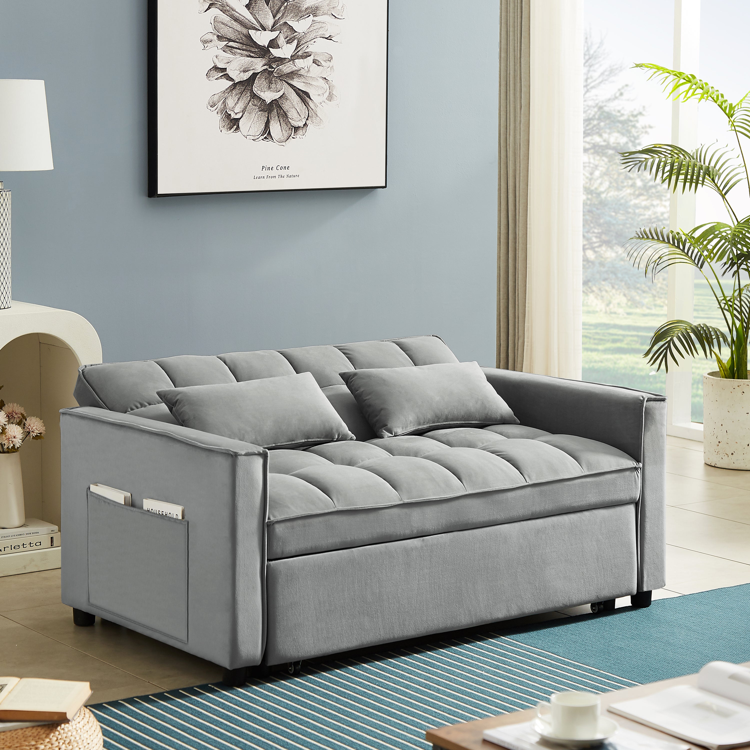 Modern Velvet Convertible Loveseat Sleeper Sofa Couch with Adjustable Backrest, 2 Seater Sofa With Pull-Out Bed with 2 Lumbar Pillows For Small Living Room & Apartment - Atlantic Fine Furniture Inc