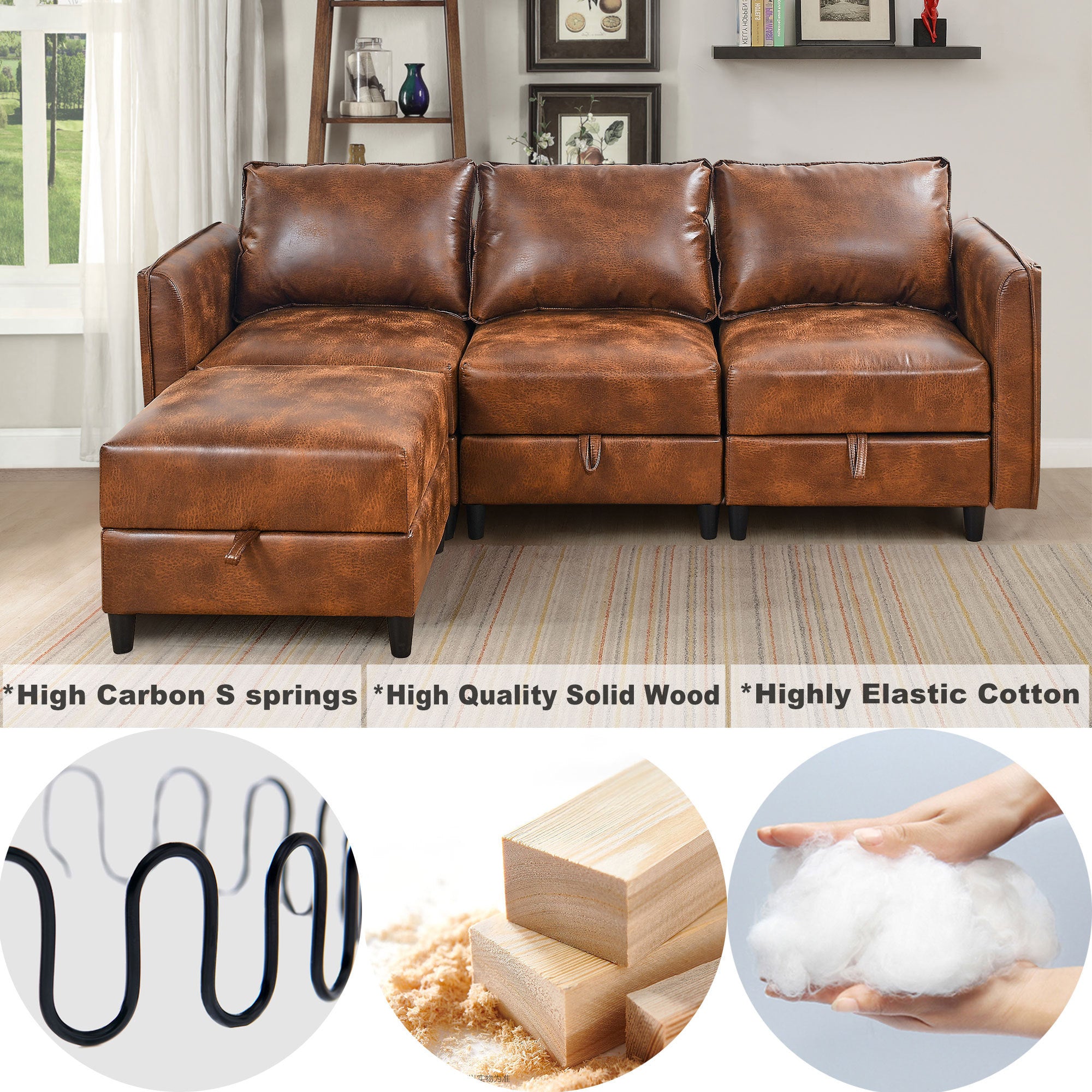 Welike Modular combination sofa L&U type convertible sofa with reversible upholstered storage seat with sleeper sofa brown tech cloth - Atlantic Fine Furniture Inc