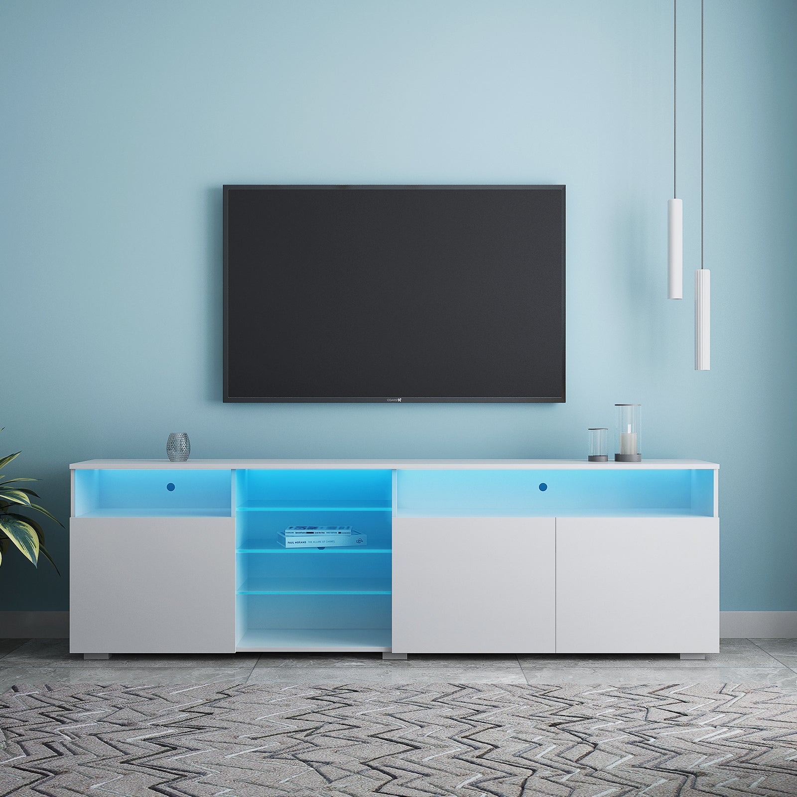 TV Stand High Gloss Doors Modern TV Stand LED (White) - Atlantic Fine Furniture Inc