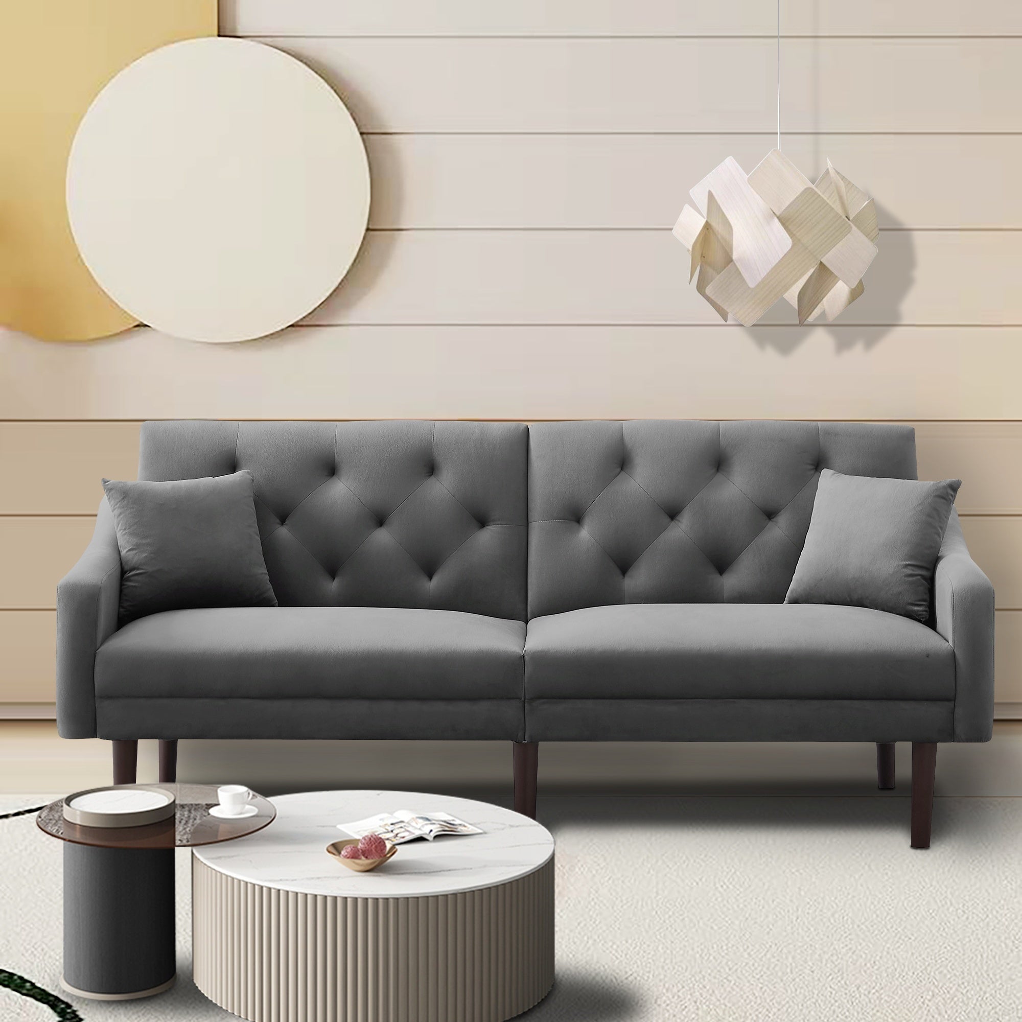 FUTON SOFA SLEEPER GREY VELVET WITH 2 PILLOWS(same as W223S01368。Size difference, See Details in page.) - Atlantic Fine Furniture Inc