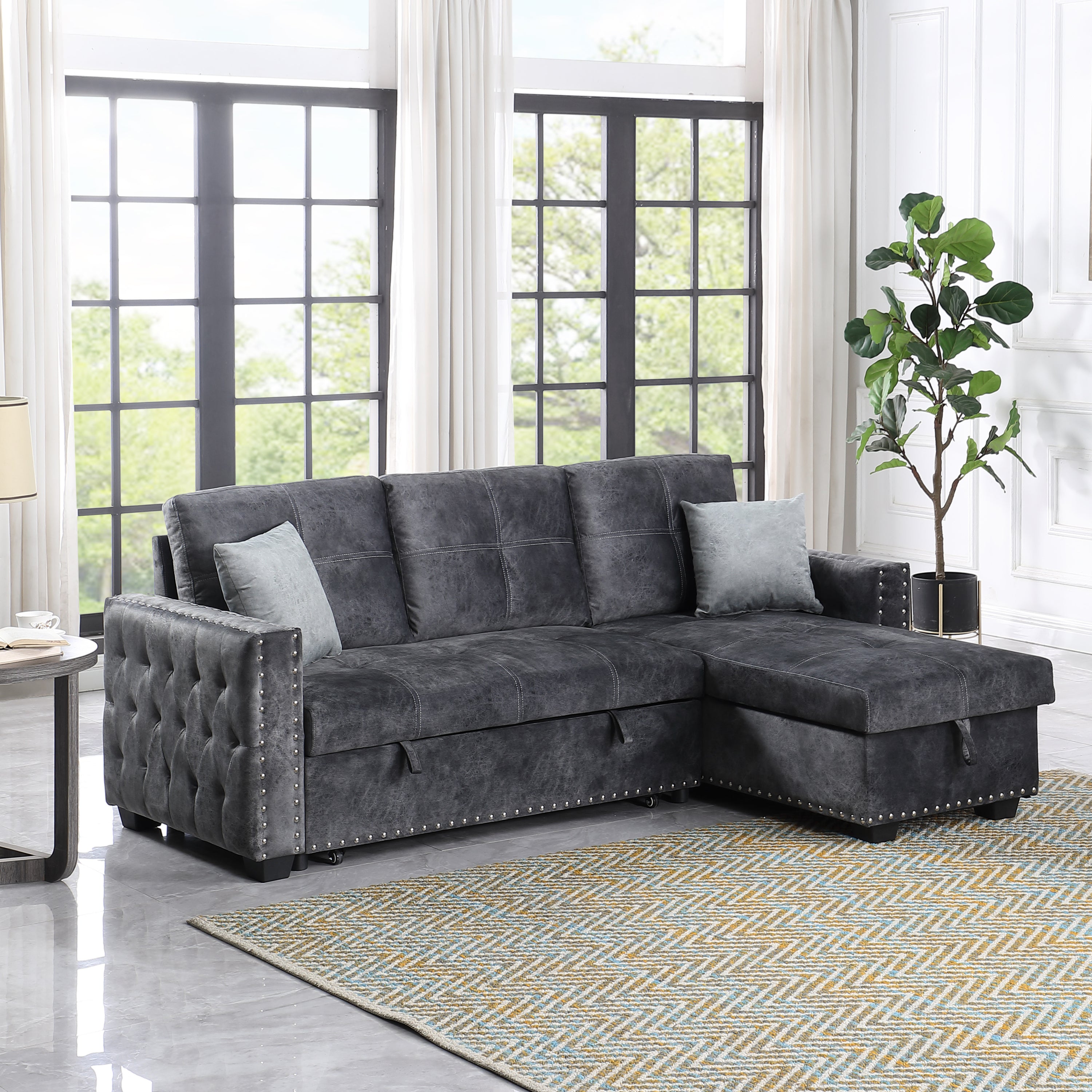 Reversible Sleeper Sectional Storage Sofa Bed,Corner Sofa-Bed With Storage,3 Seat Both Left Handed And Right Handed, Nailheaded - Atlantic Fine Furniture Inc