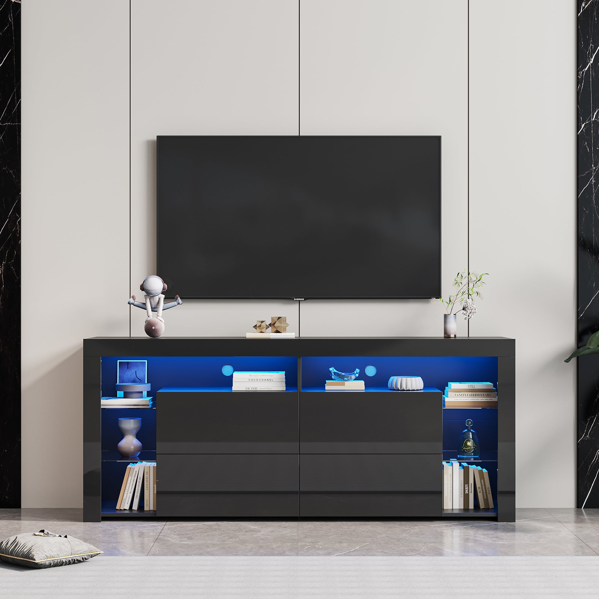 Black Modern contracted LED TV Cabinet with Storage Drawers,4 Storage Cabinet with Open Shelves for Living Room Bedroom - Atlantic Fine Furniture Inc