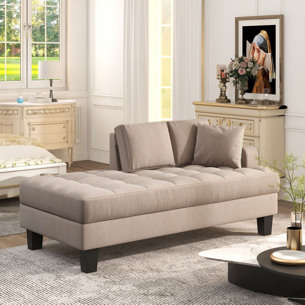 Deep Tufted Upholstered Textured Fabric Chaise Lounge, Toss Pillow Included, Living Room Bedroom Use, Warm Gray