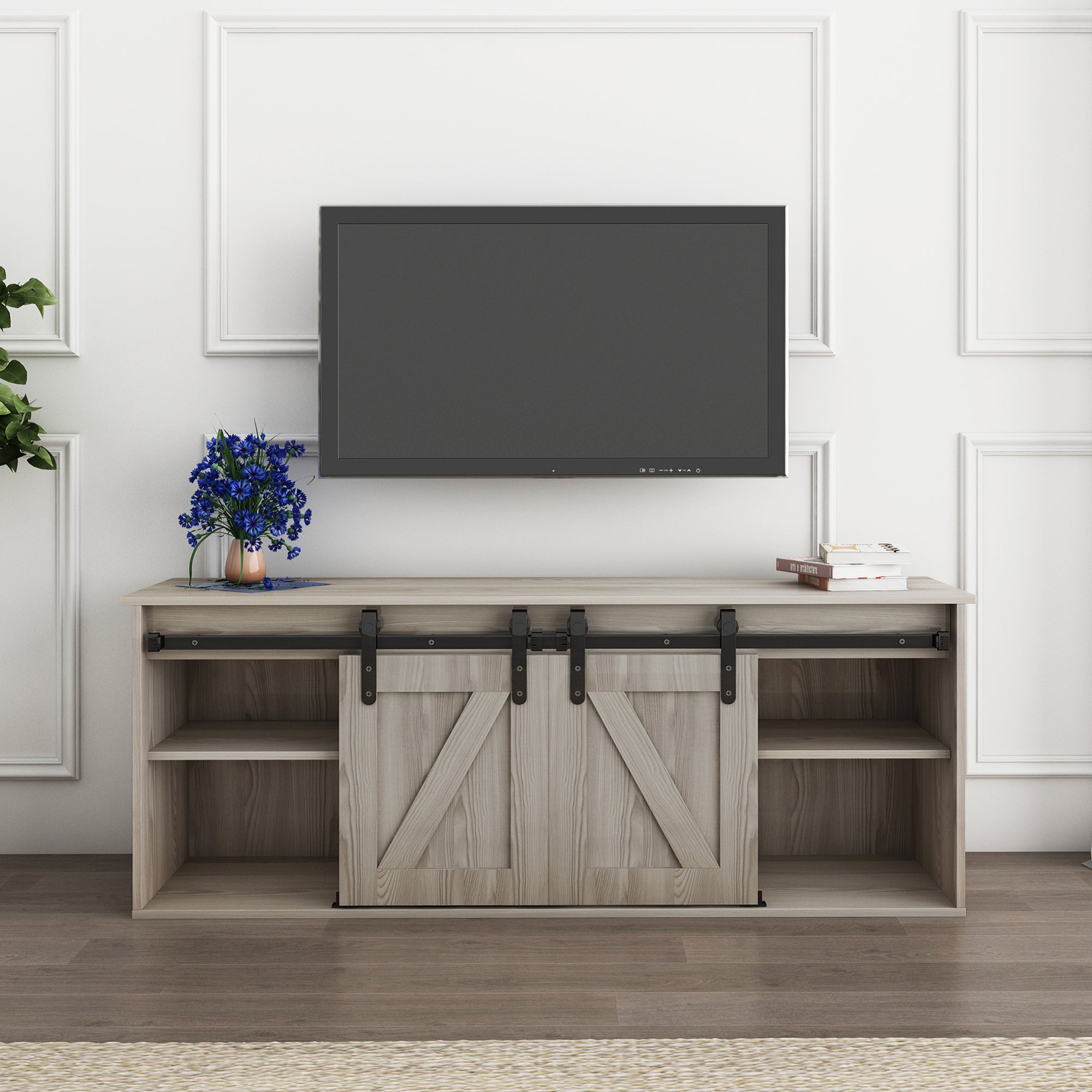 The television cabinet with an electronic fireplace,with Farmhouse Sliding Barn Door ,for TV up to 65 Inch Flat Screen MediaConsoleTable StorageCabinetWood Entertainment CenterSturdycolour:Washed Gray - Atlantic Fine Furniture Inc