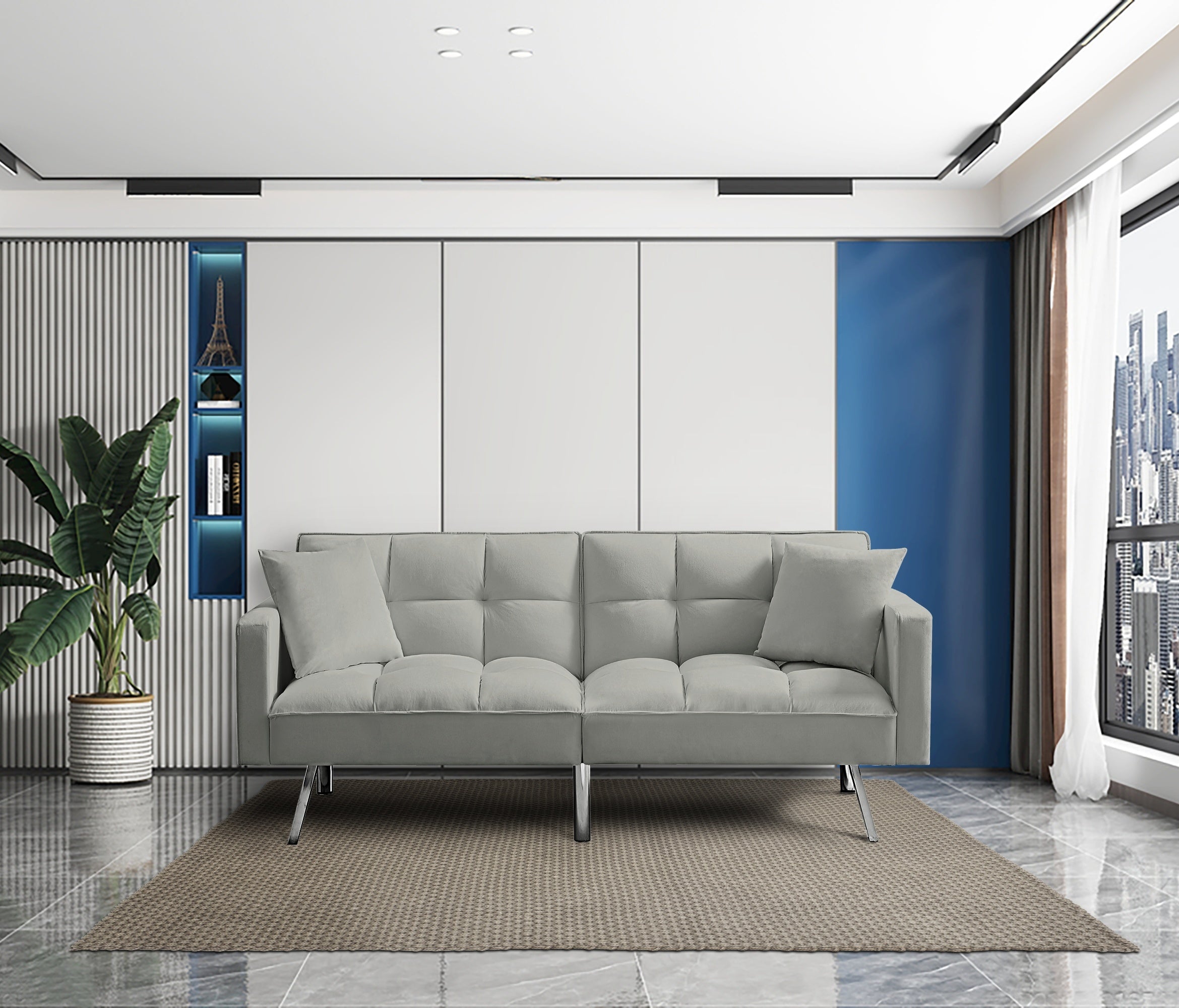 FUTON SOFA SLEEPER Light Grey VELVET WITH 2 PILLOWS(same as W223S00948、W223S01118、W223S01464。Size difference, See Details in page.) - Atlantic Fine Furniture Inc