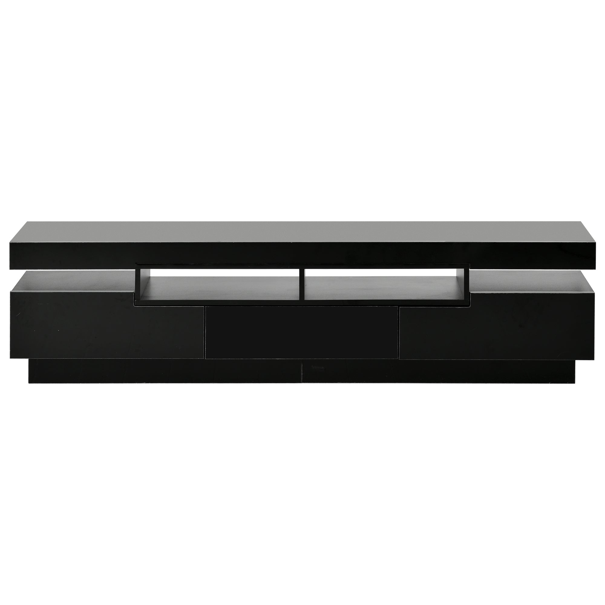 On-Trend TV Stand with 4 Open Shelves, Modern High Gloss Entertainment Center for 75 Inch TV, Universal TV Storage Cabinet with 16-color RGB LED Color Changing Lights, Black - Atlantic Fine Furniture Inc