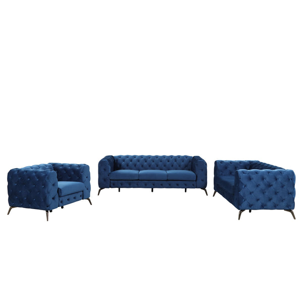 Modern 3 Piece Sofa Sets With Sturdy Metal Legs, Velvet Upholstered Couches Sets Including Three Seat Sofa, Loveseat And Single Chair For Living Room Furniture Set, Blue