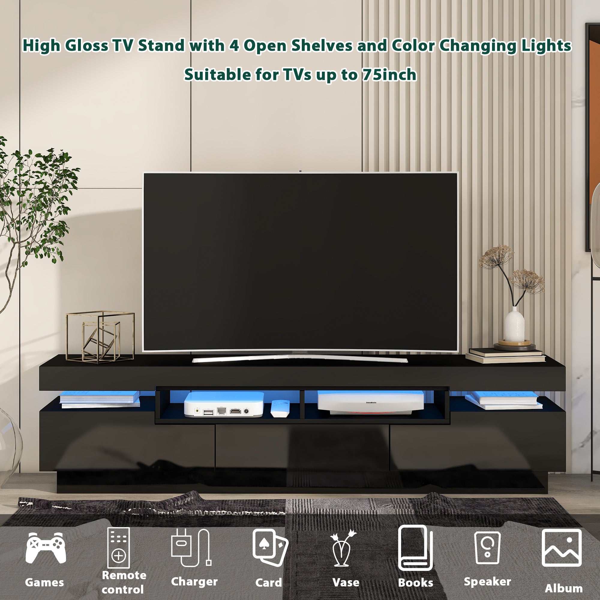 On-Trend TV Stand with 4 Open Shelves, Modern High Gloss Entertainment Center for 75 Inch TV, Universal TV Storage Cabinet with 16-color RGB LED Color Changing Lights, Black - Atlantic Fine Furniture Inc