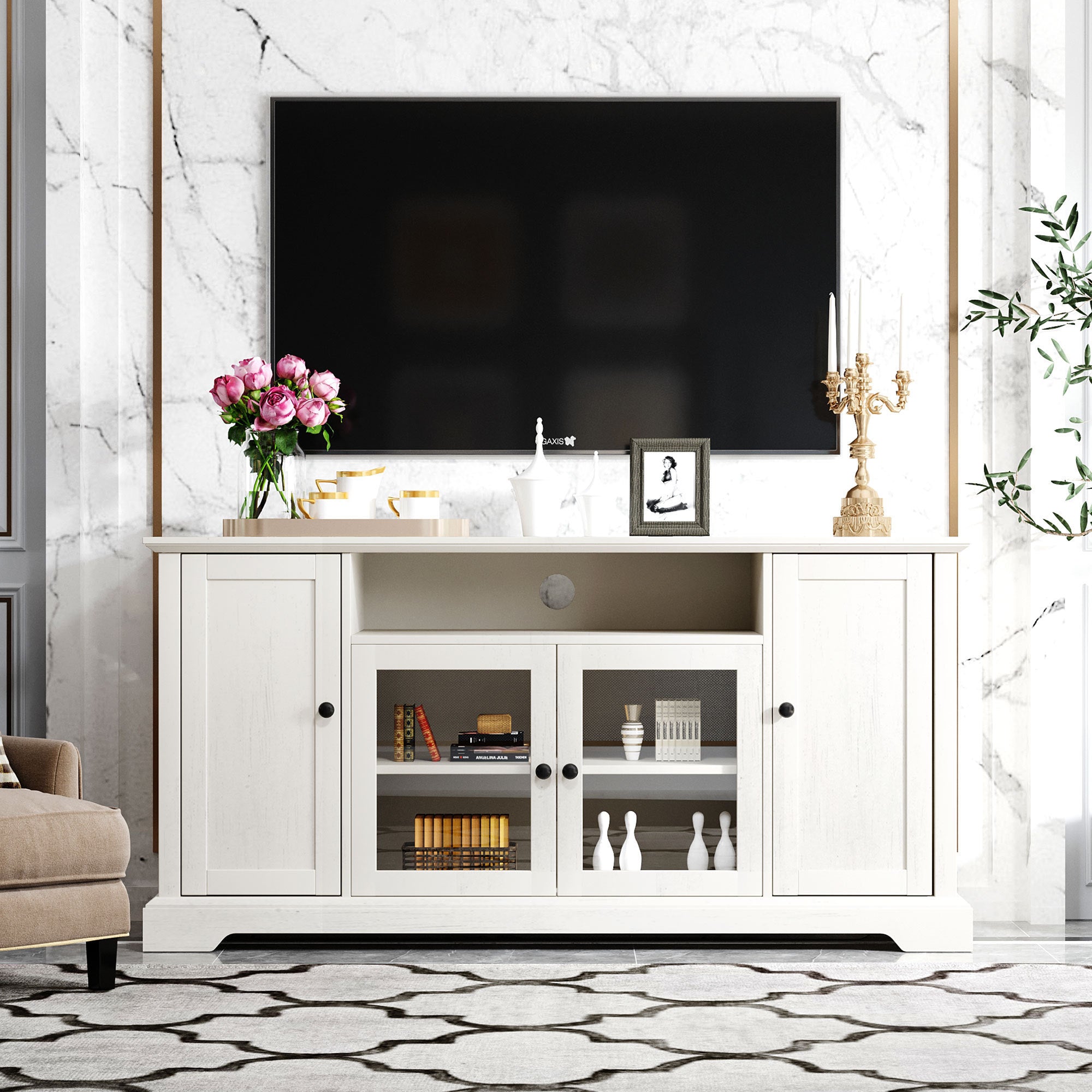U-Can TV Stand for TV up to 65in with 2 Tempered Glass Doors Adjustable Panels Open Style Cabinet, Sideboard for Living room, White - Atlantic Fine Furniture Inc