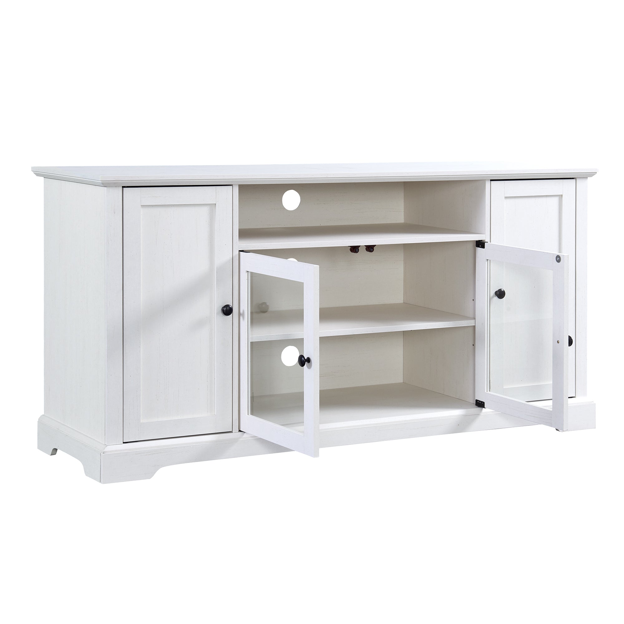 U-Can TV Stand for TV up to 65in with 2 Tempered Glass Doors Adjustable Panels Open Style Cabinet, Sideboard for Living room, White - Atlantic Fine Furniture Inc