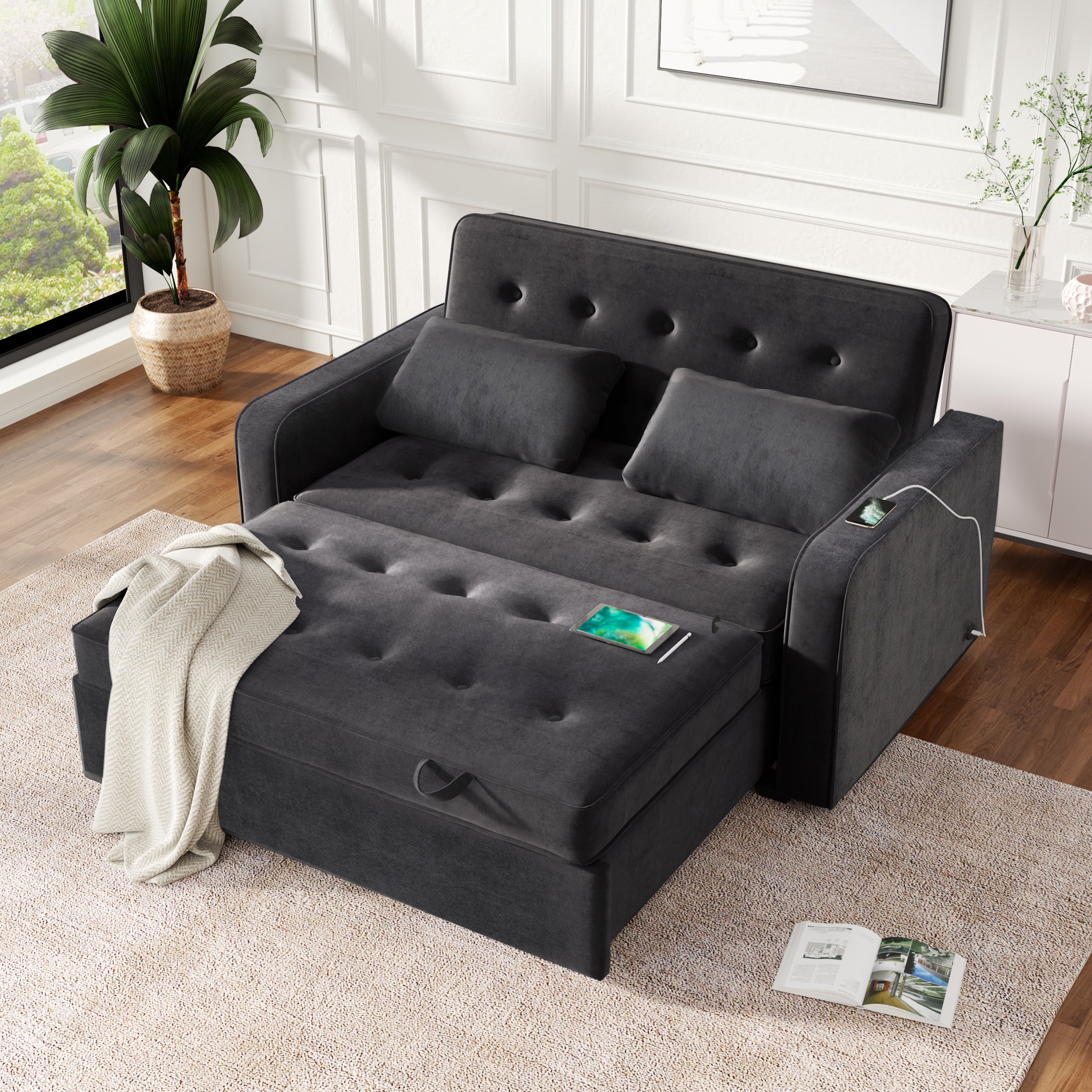 Linen Upholstered Sleeper Bed , Pull Out Sofa Bed Couch attached two throw pillows,Dual USB Charging Port and Adjustable Backrest for Living Room Space,Black - Atlantic Fine Furniture Inc