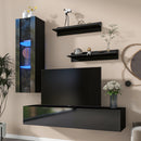 ON-TREND 4-Piece Wall Mount Floating TV Stand with See-through Media Storage Cabinet, Modern High Gloss Entertainment Center up to 70+ Inch TV, RGB Lights for Living Room, Home Theater, Black - Atlantic Fine Furniture Inc