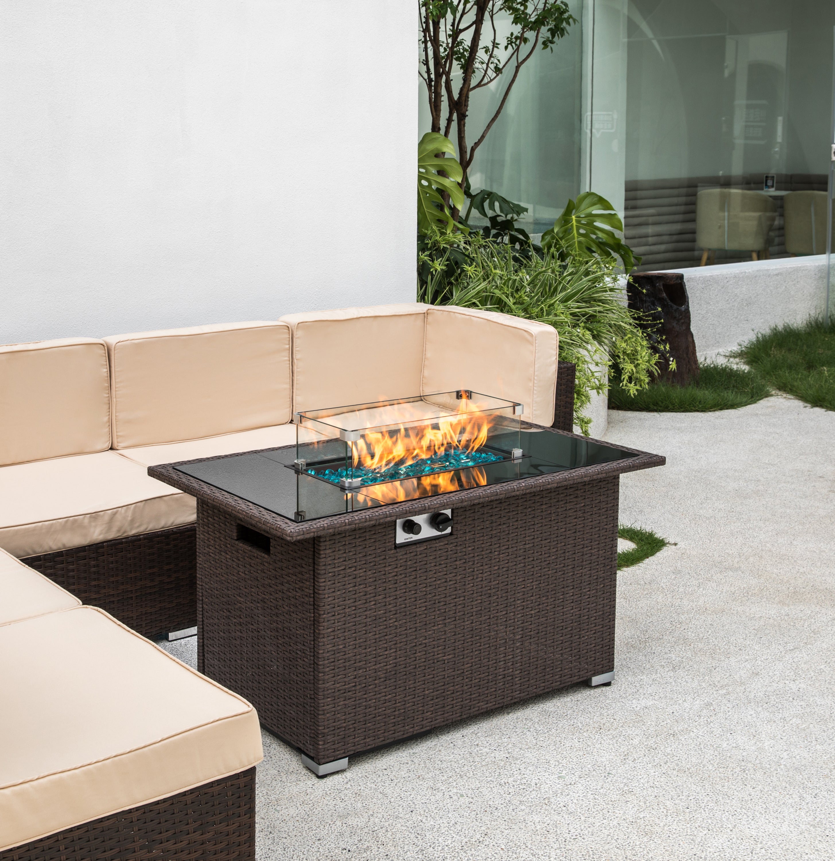 Outdoor 44" Propane Fire pit Table Rectangle 50,000 BTU with 8mm Tempered Glass Tabletop & Blue Stone& Steel table lid &Table waterproof dusty Cover ,ETL Certification (Brown) - Atlantic Fine Furniture Inc