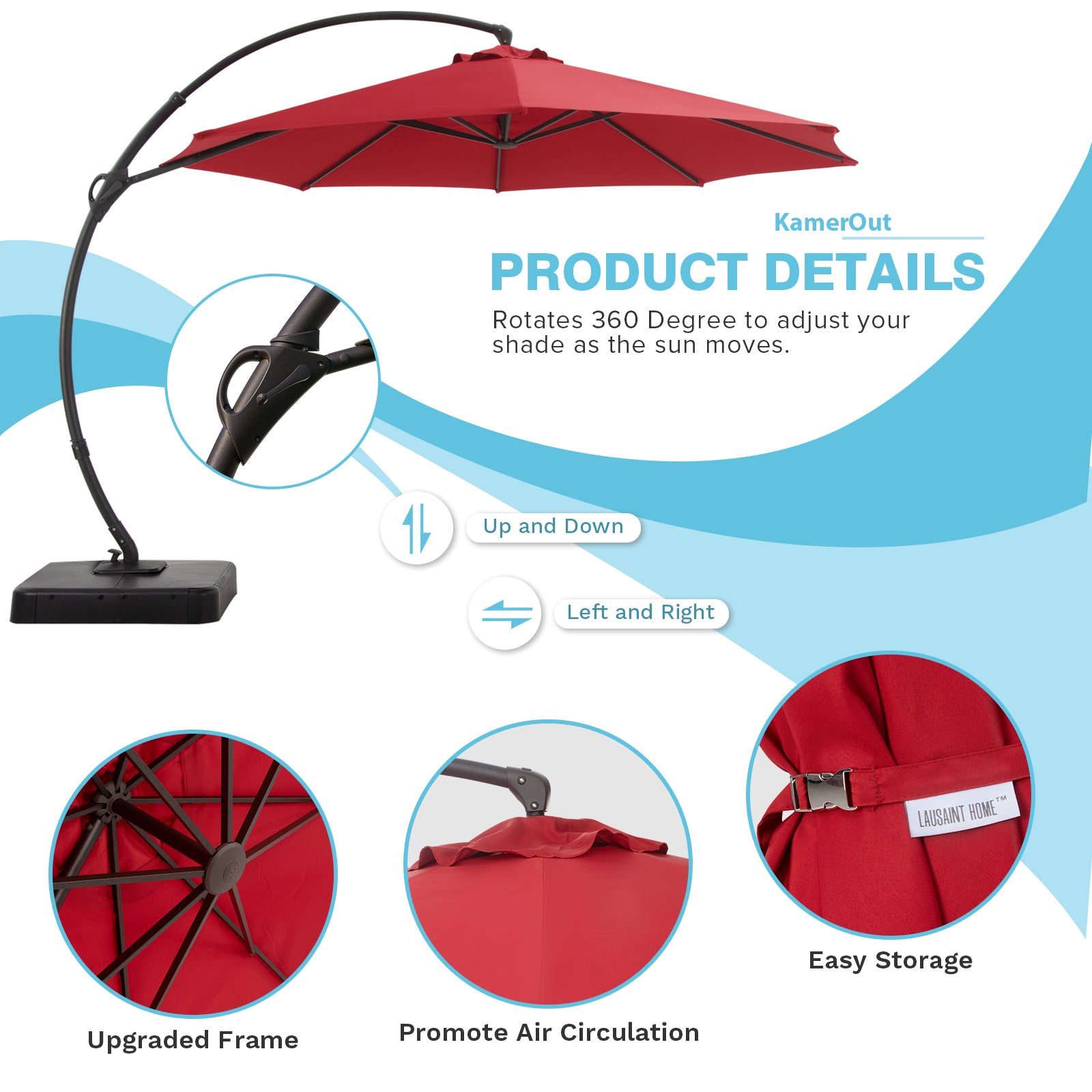 LAUSAINT HOME 10FT Deluxe Patio Umbrella with Base,Outdoor Large Hanging Cantilever Curvy Umbrella with 360° Rotation for Pool,Garden,Deck, Lawn(10FT-RED) - Atlantic Fine Furniture Inc