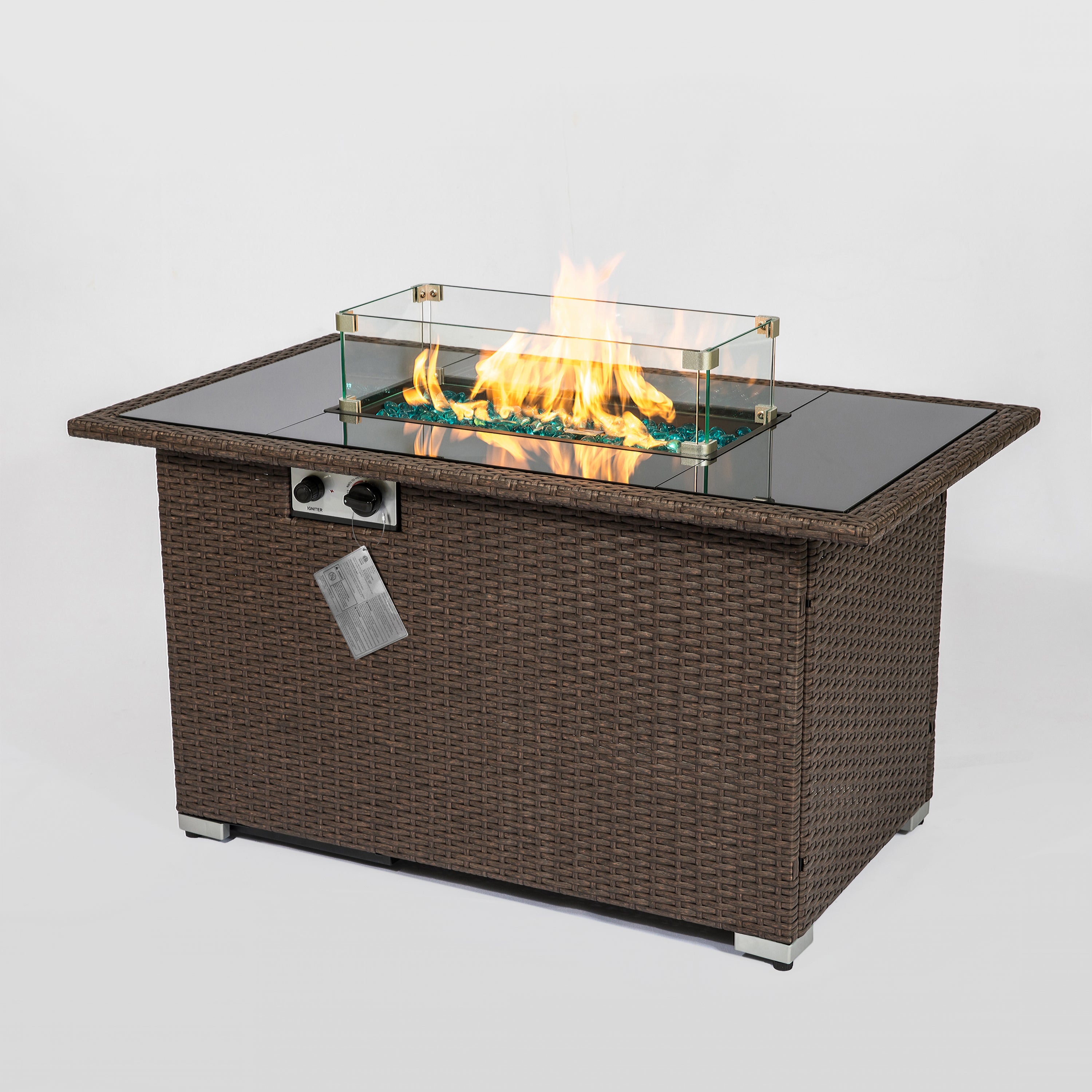 Outdoor 44" Propane Fire pit Table Rectangle 50,000 BTU with 8mm Tempered Glass Tabletop & Blue Stone& Steel table lid &Table waterproof dusty Cover ,ETL Certification (Brown) - Atlantic Fine Furniture Inc