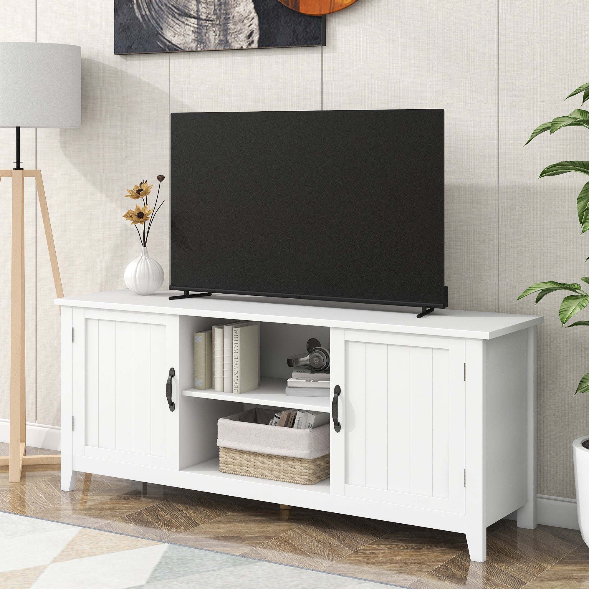 U-Can TV Stand for TV up to 60in with 2 Doors Adjustable Panels Open Style Cabinet, Sideboard for Living room, White - Atlantic Fine Furniture Inc