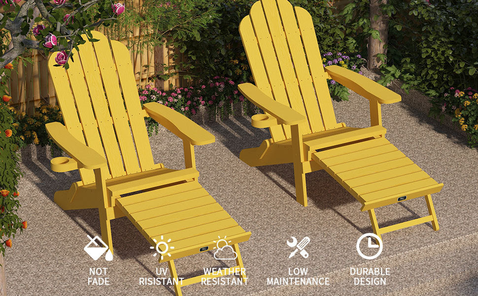 TALE Folding Adirondack Chair with Pullout Ottoman with Cup Holder, Oversized, Poly Lumber, for Patio Deck Garden, Backyard Furniture, Easy to Install,YELLOW. Banned from selling on Amazon - Atlantic Fine Furniture Inc