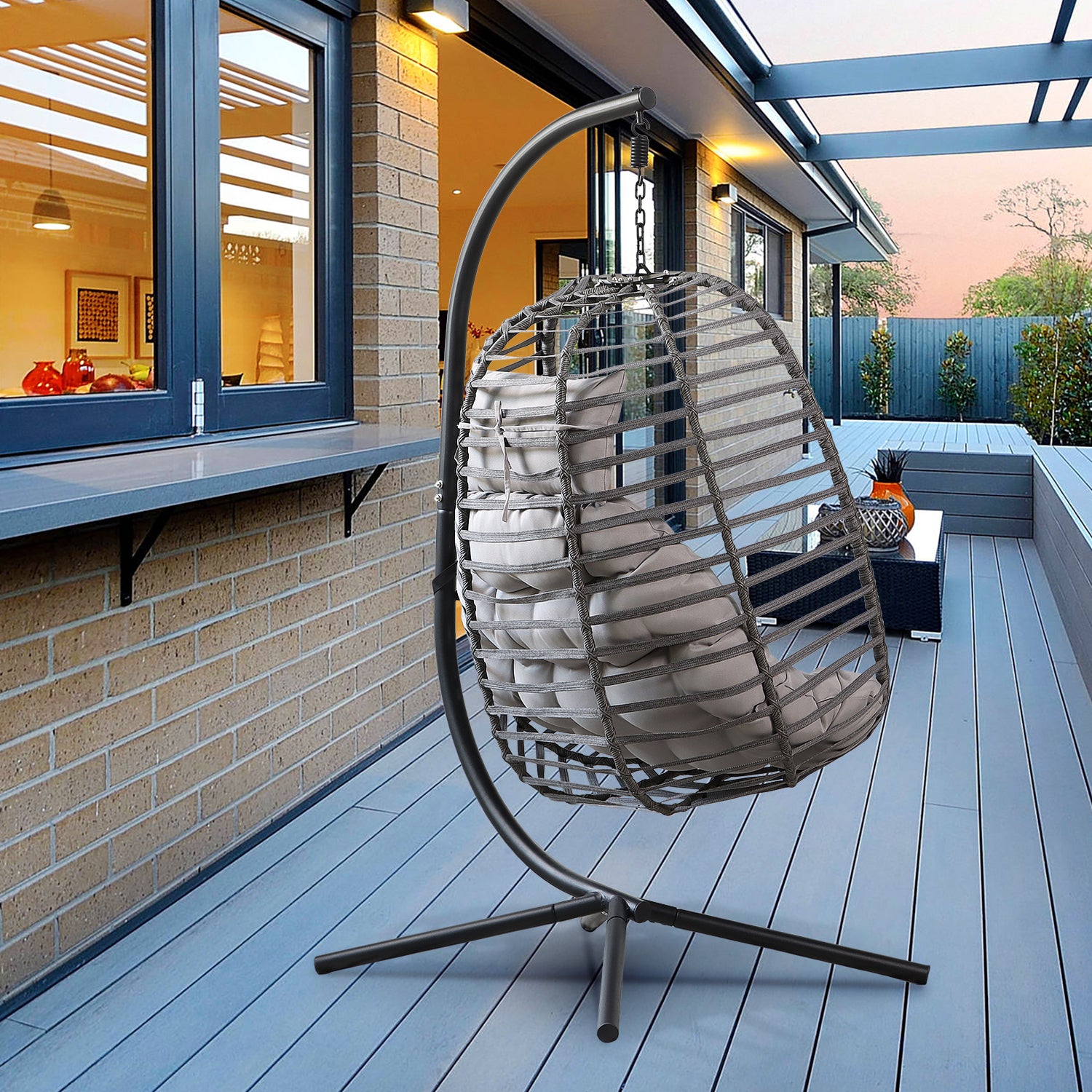 Rattan Weather Resistant Foldable Hanging Hammock Egg Chair with Stand for Patio - Atlantic Fine Furniture Inc