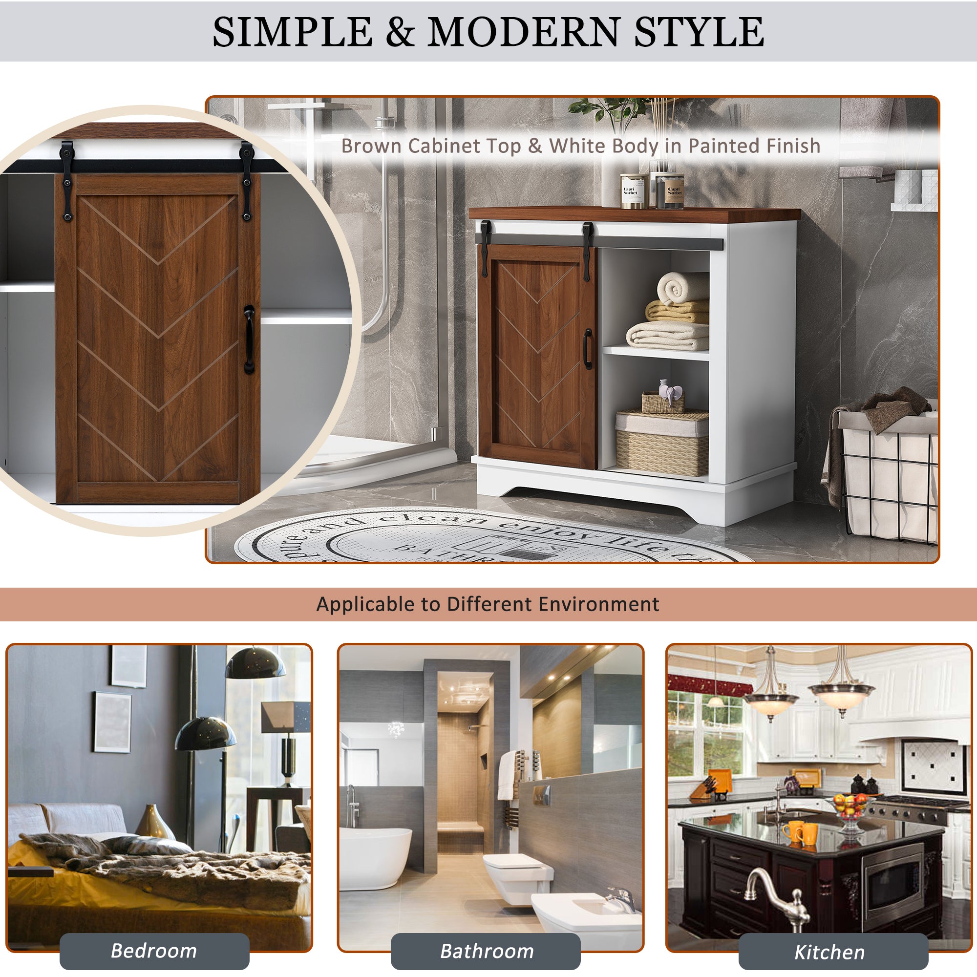 Bathroom Storage Cabinet, Freestanding Accent Cabinet, Sliding Barn Door, Thick Top, Adjustable Shelf, White and Brown - Atlantic Fine Furniture Inc