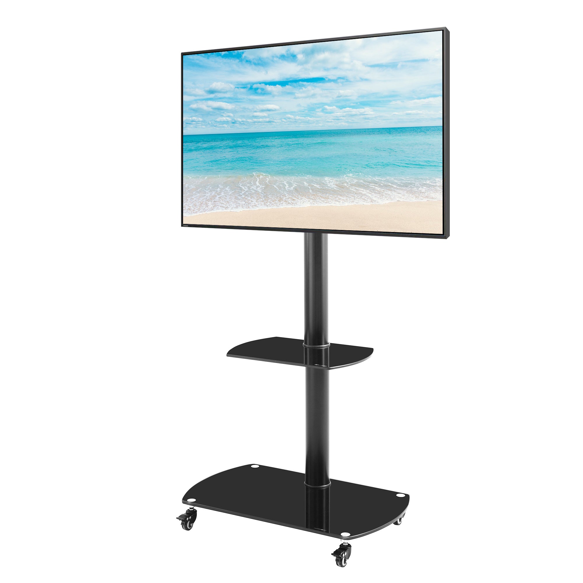 Height and Angle Adjustable Multi-Function Tempered Glass Metal Frame Floor With Lockable Wheels Mobile TV Stand, LCD/Plasma TV bracket 2 Tier Tempered Glass Shelves For Multiple Media Devices - Atlantic Fine Furniture Inc
