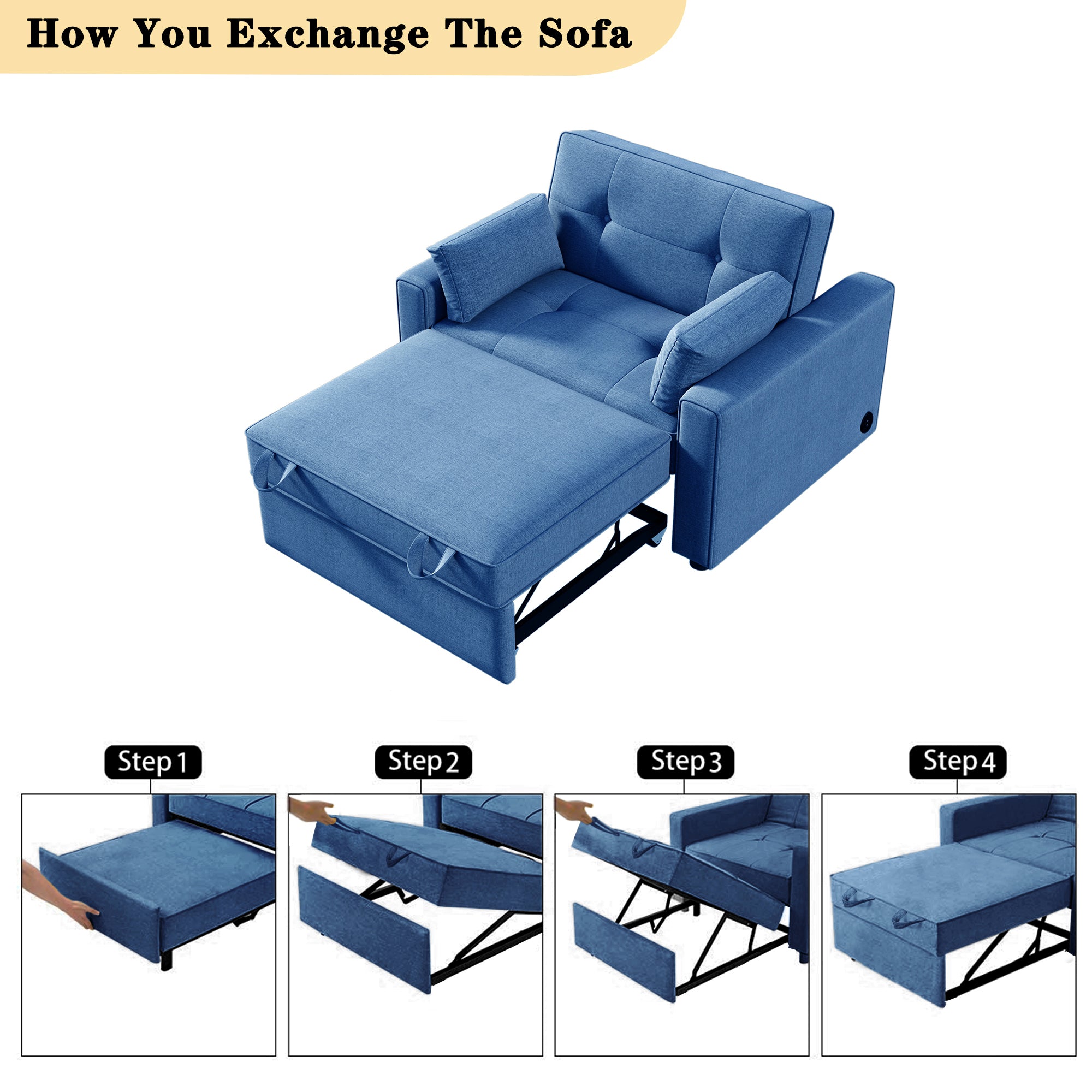 Orisfur. 48" Convertible Sleeper Sofa Bed, Multi-Functional Adjustable Single Bed Chair with USB Port and 2 Pillows for Small Space - Atlantic Fine Furniture Inc