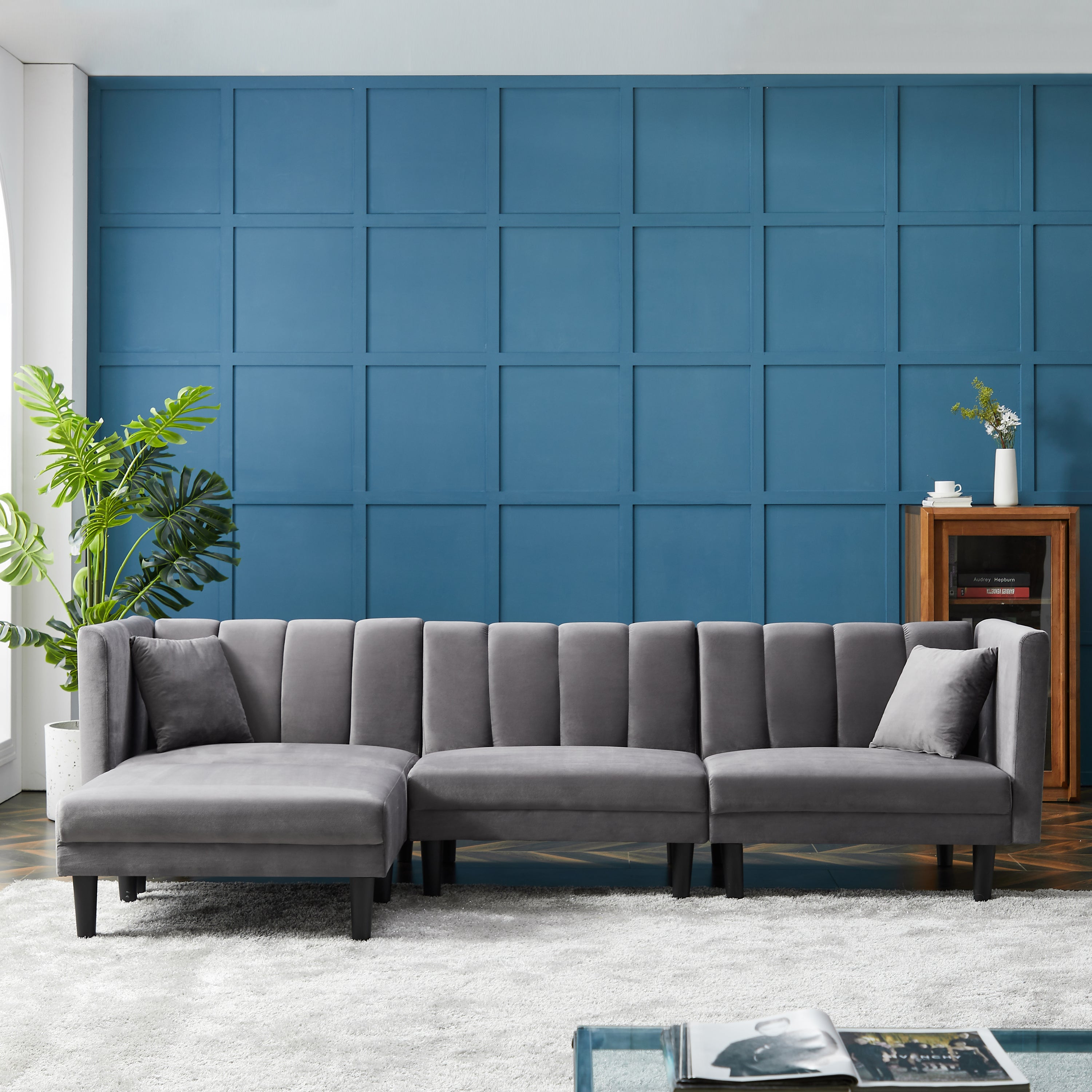 REVERSIBLE SECTIONAL SOFA SLEEPER WITH 2 PILLOWS DARK GREY VELVET(K223S00005) - Atlantic Fine Furniture Inc
