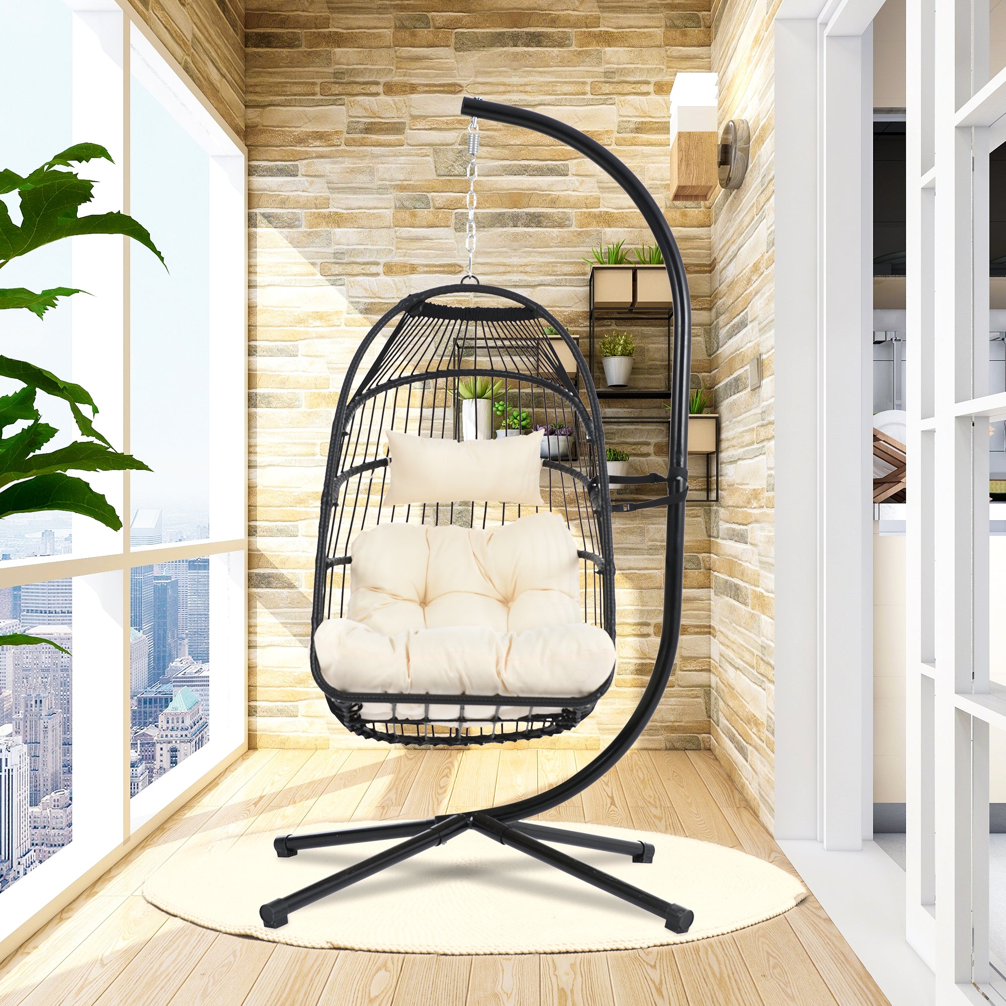 TOPMAX Patio Foldable Swing Chair Porch PE Wicker Egg Hanging Chair Hammock Chair w/Stand and Cushion for Outdoor Balcony Indoor Bedroom, Beige - Atlantic Fine Furniture Inc